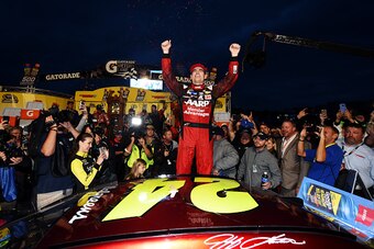 MARTINSVILLE, VA - NOVEMBER 01:  Jeff Gordon, driver of the #24 AARP Member Advantages Chevrolet, celebrates in Victory Lane after winning the NASCAR Sprint Cup Series Goody's Headache Relief Shot 500 at Martinsville Speedway on November 1, 2015 in Martin