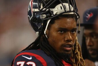 ARLINGTON, TX - AUGUST 29:   Brennan Williams #73 of the Houston Texans during a preseason game at AT&T Stadium on August 29, 2013 in Arlington, Texas.  (Photo by Ronald Martinez/Getty Images)
