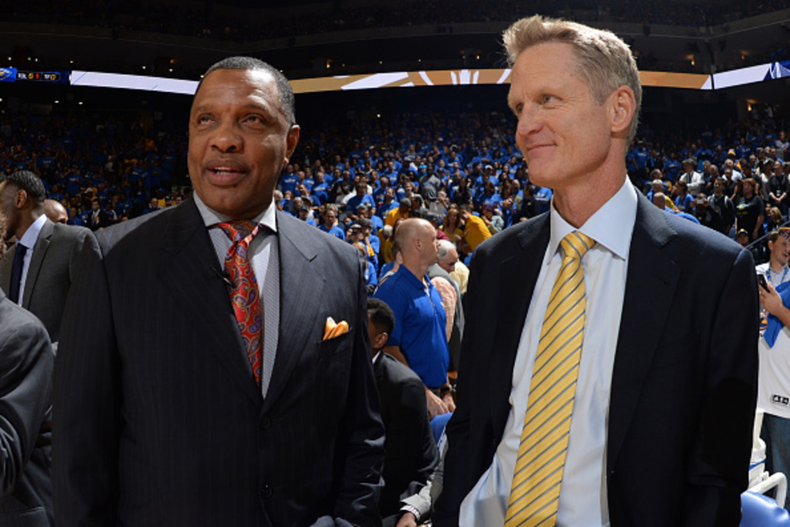 OAKLAND, CA - OCTOBER 27:  Alvin Gentry of the New Orleans Pelicans and Steve Kerr of the Golden State Warriors talk before the game on October 27, 2015 at ORACLE Arena in Oakland, California. NOTE TO USER: User expressly acknowledges and agrees that, by 