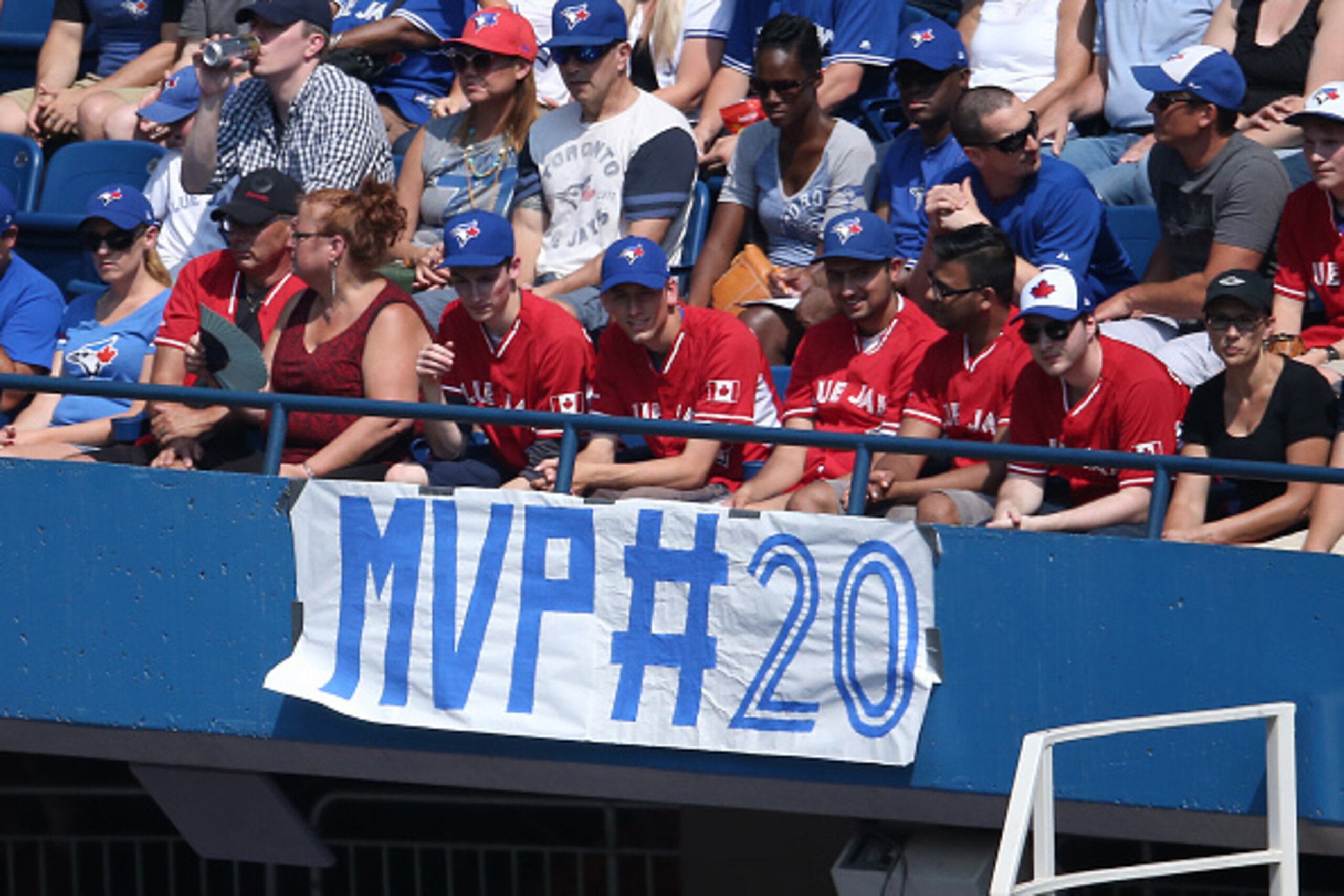 TORONTO, CANADA - AUGUST 30: Fans display a banner showing their support for Josh Donaldson #20 of the Toronto Blue Jays and his case for Most Valuable Player during MLB game action against the Detroit Tigers on August 30, 2015 at Rogers Centre in Toronto
