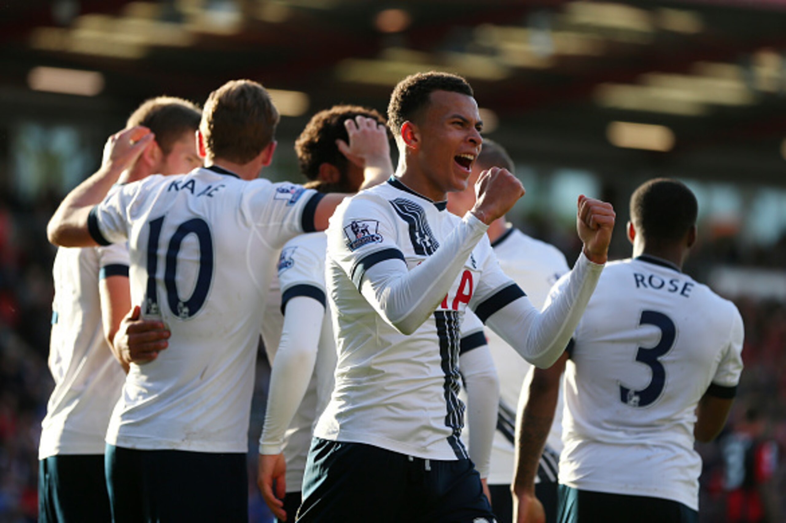 BOURNEMOUTH, ENGLAND - OCTOBER 25:  Dele Alli of Tottenham Hotspur celebrates after Harry Kane of Tottenham Hotspur scores to make it 1-4 during the Barclays Premier League match between A.F.C Bournemouth and Tottenham Hotspur at Vitality Stadium on Octob