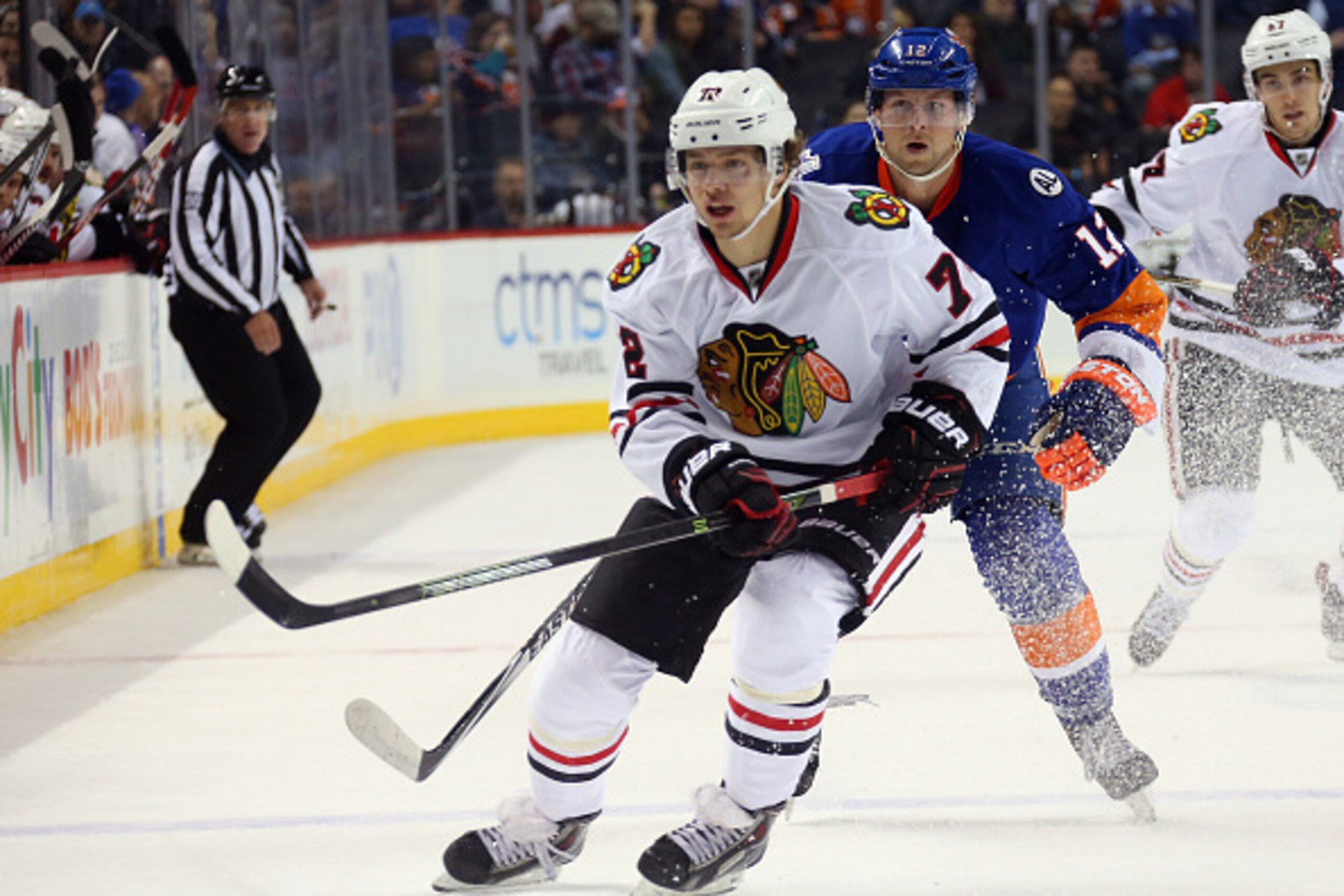 NEW YORK, NY - OCTOBER 09:  Artemi Panarin #72 of the Chicago Blackhawks skates against the New York Islanders at the Barclays Center on October 9, 2015 in Brooklyn borough of New York City. The game is the first for the Islanders in their new arena. The 