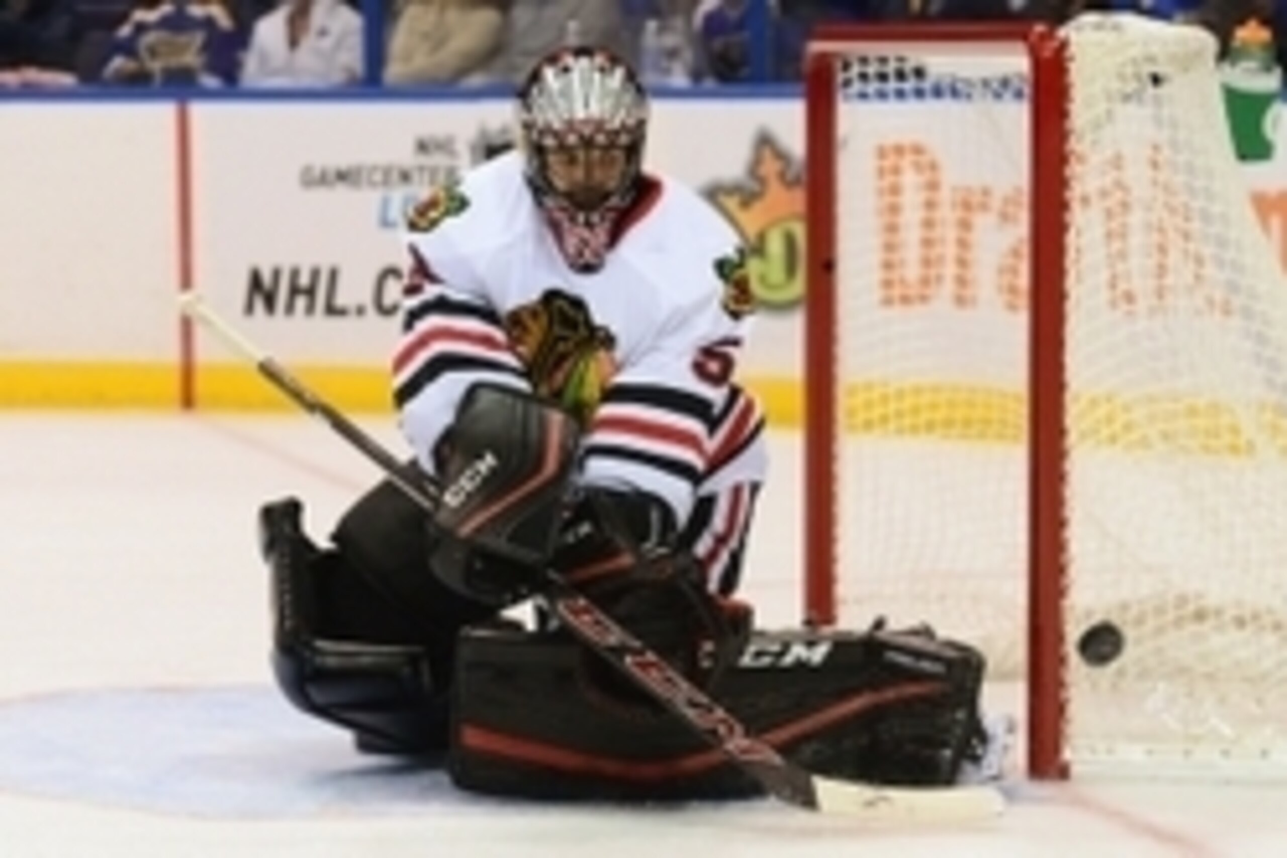 Nov 14, 2015; St. Louis, MO, USA; Chicago Blackhawks goalie Corey Crawford (50) makes a save against the St. Louis Blues during the first period at Scottrade Center. Mandatory Credit: Jeff Curry-USA TODAY Sports