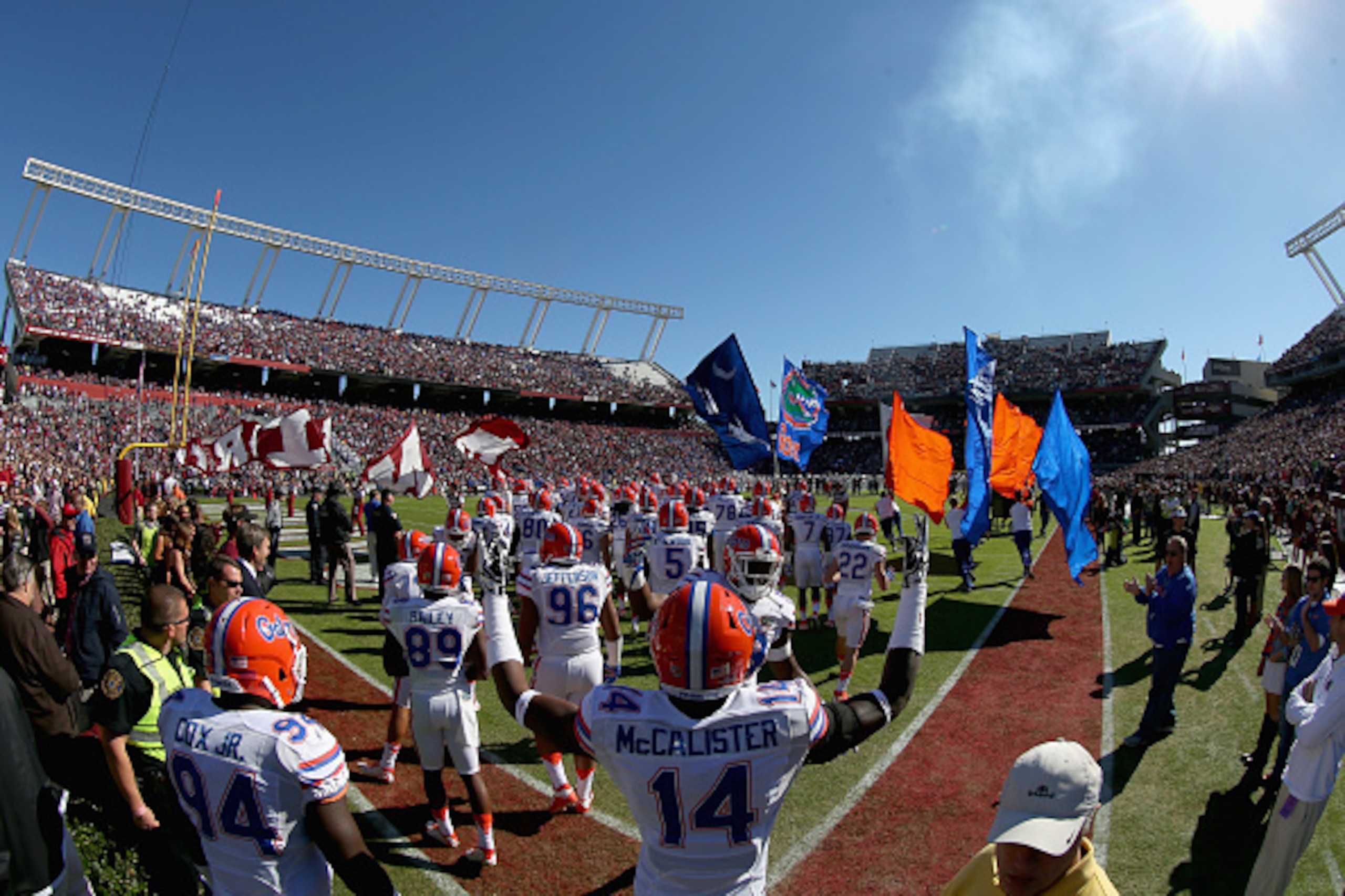 COLUMBIA, SC - NOVEMBER 14:  The Florida Gators take the field before their game against the South Carolina Gamecocks at Williams-Brice Stadium on November 14, 2015 in Columbia, South Carolina.  (Photo by Streeter Lecka/Getty Images)