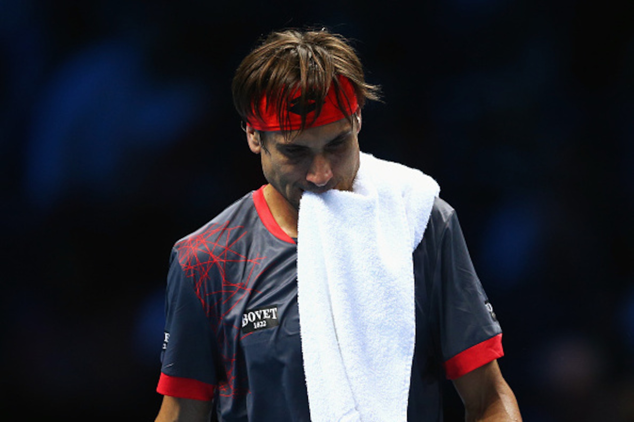 LONDON, ENGLAND - NOVEMBER 16:  David Ferrer of Spain looks dejected in his men's singles match against Andy Murray of Great Britain during day two of the Barclays ATP World Tour Finals at O2 Arena on November 16, 2015 in London, England.  (Photo by Clive