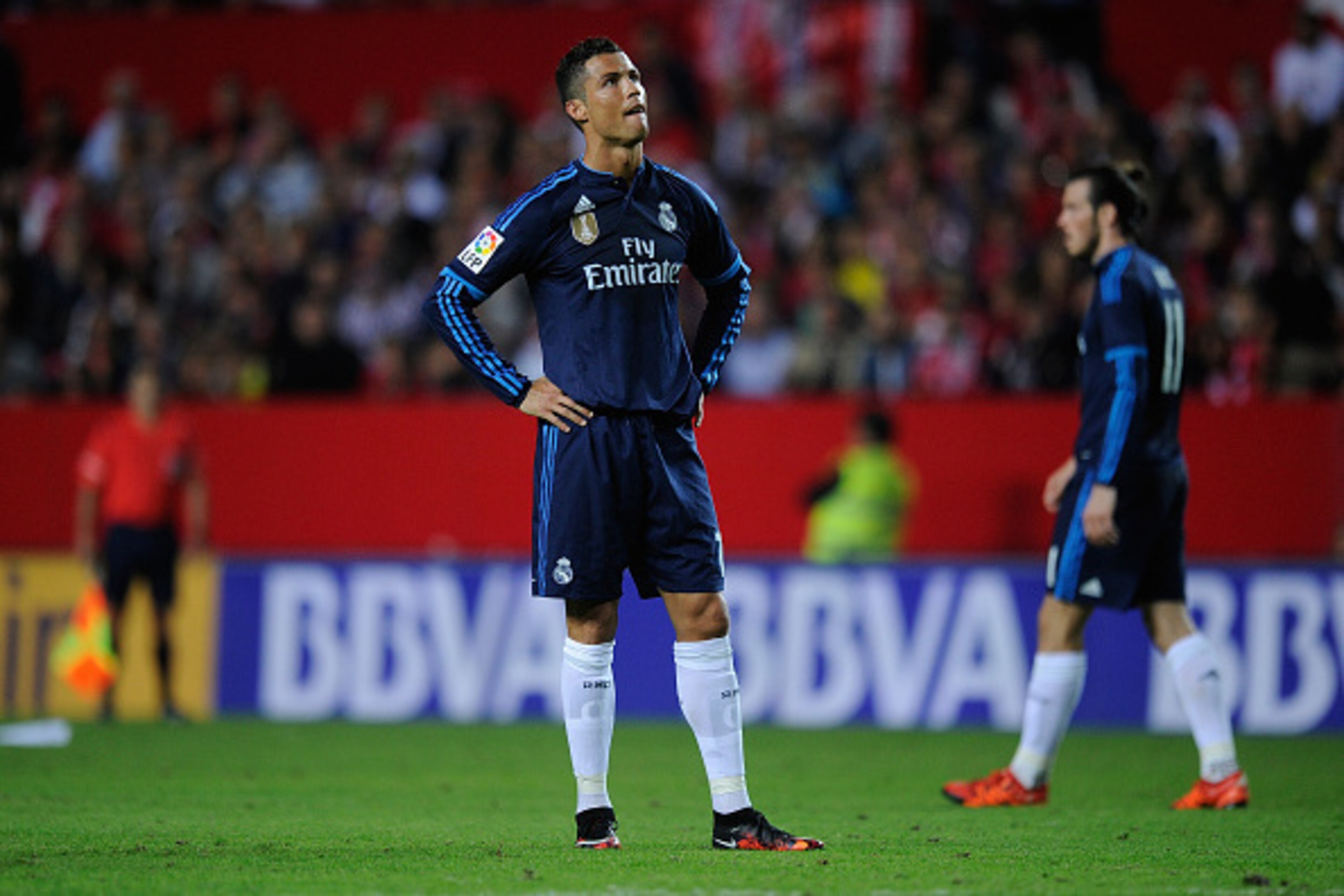 SEVILLE, SPAIN - NOVEMBER 08:  Cristiano Ronaldo of Real Madrid reacts during the La Liga match between Sevilla FC and Real Madrid CF at Estadio Ramon Sanchez Pizjuan on November 8, 2015 in Seville, Spain.  (Photo by Denis Doyle/Getty Images)