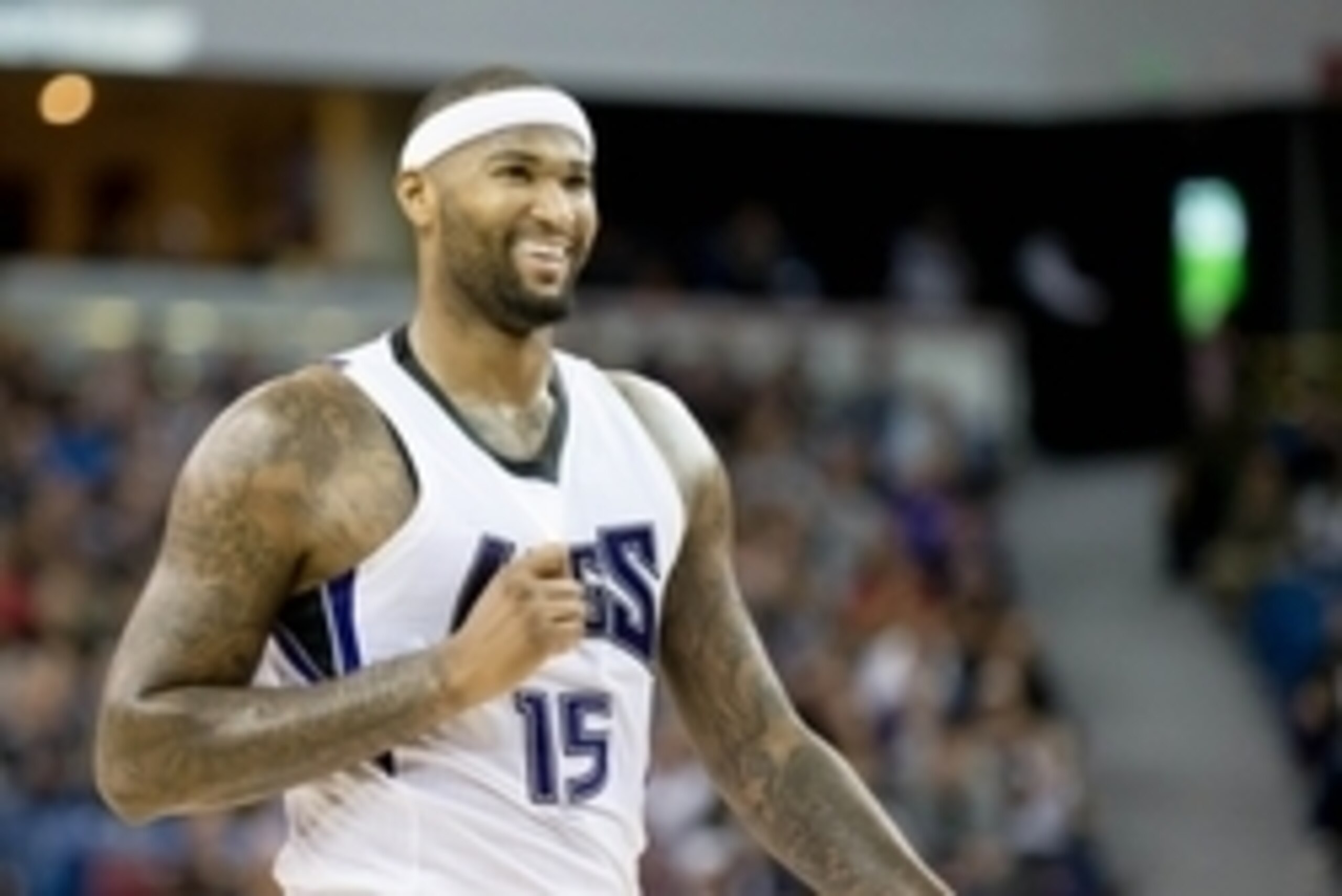 Nov 15, 2015; Sacramento, CA, USA; Sacramento Kings forward DeMarcus Cousins (15) reacts against the Toronto Raptors during the second quarter at Sleep Train Arena. Mandatory Credit: Kelley L Cox-USA TODAY Sports