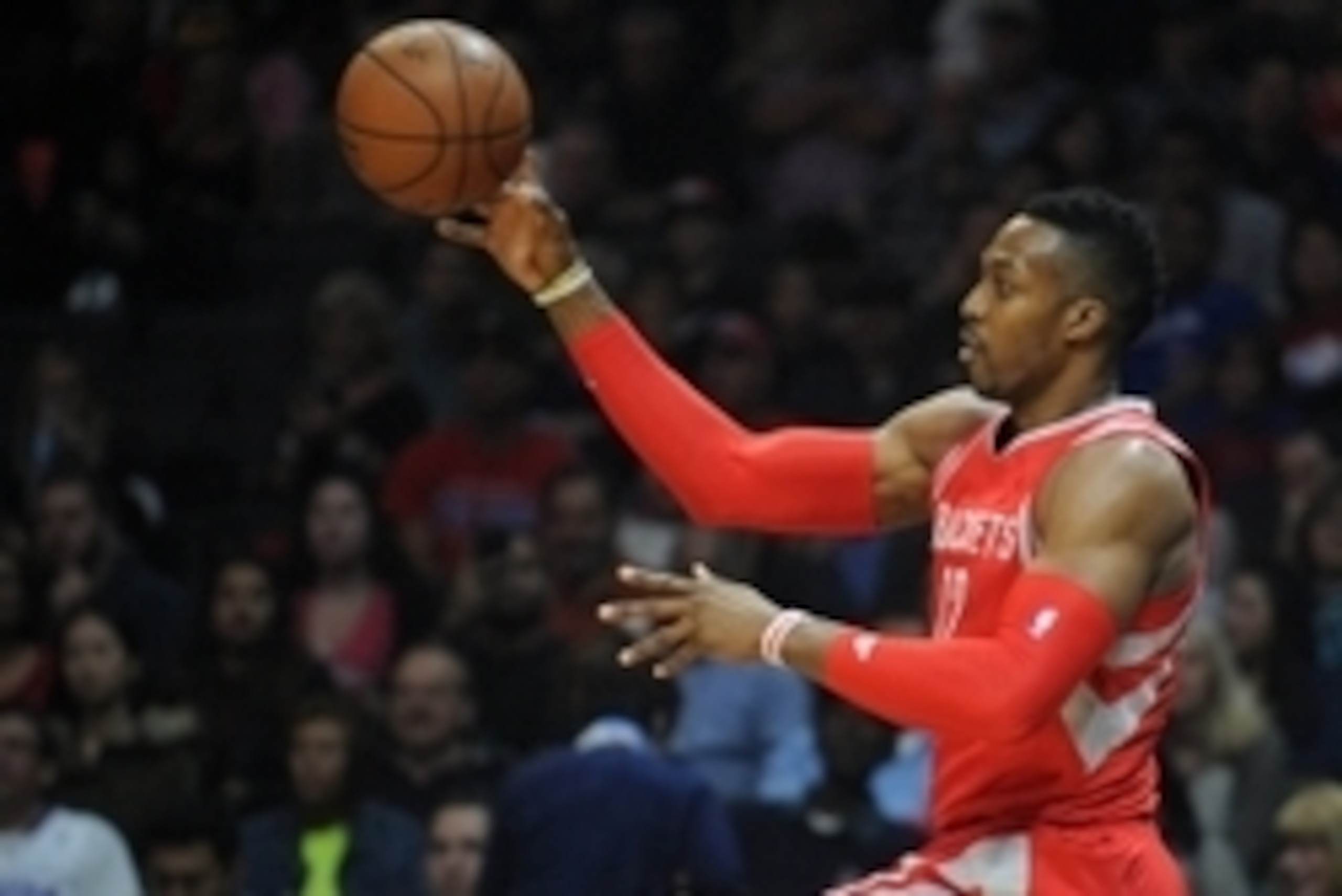 November 7, 2015; Los Angeles, CA, USA; Houston Rockets center Dwight Howard (12) passes the ball against Los Angeles Clippers during the first half at Staples Center. Mandatory Credit: Gary A. Vasquez-USA TODAY Sports