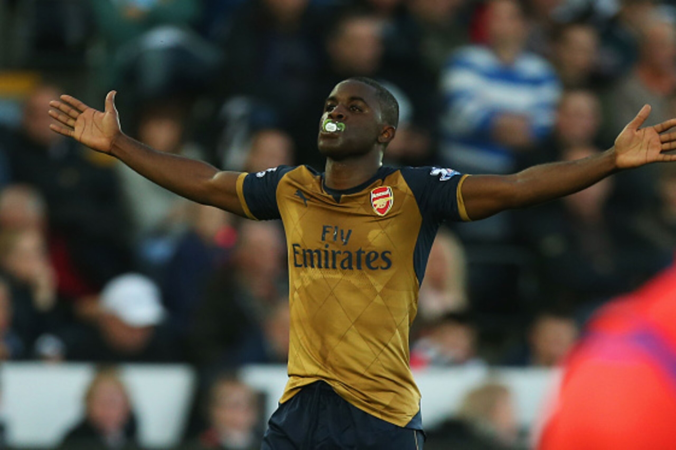 SWANSEA, WALES - OCTOBER 31: Joel Campbell of Arsenal celebrates scoring his team's third goal during the Barclays Premier League match between Swansea City and Arsenal at Liberty Stadium on October 31, 2015 in Swansea, Wales.  (Photo by Ben Hoskins/Getty