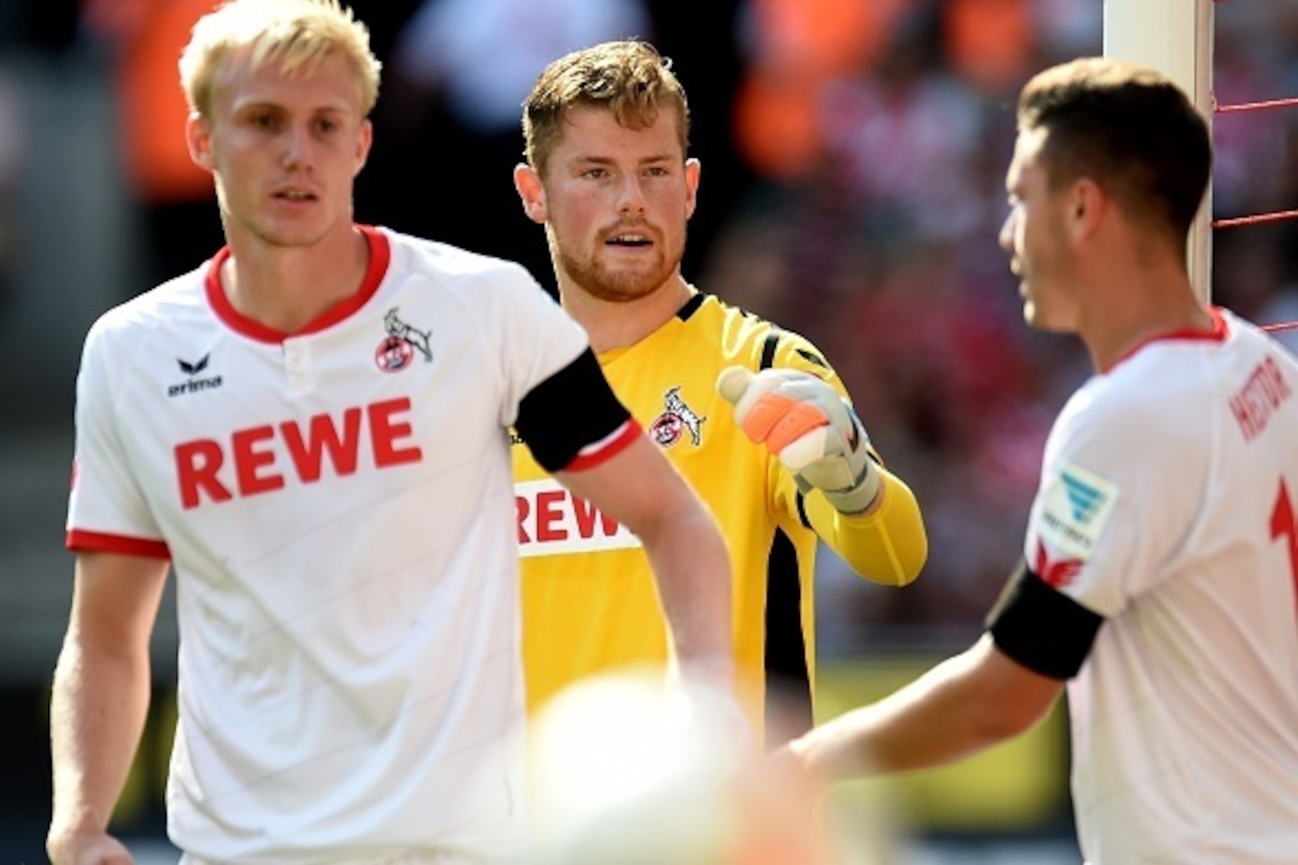 Cologne's goalkeeper Timo Horn reacts during the German first division Bundesliga football match FC Koeln v VfL Wolfsburg , on August 22, 2015 in Cologne.  The match ends 1-1.  AFP PHOTO / PATRIK STOLLARZ

RESTRICTIONS: DURING MATCH TIME: DFL RULES TO LIM