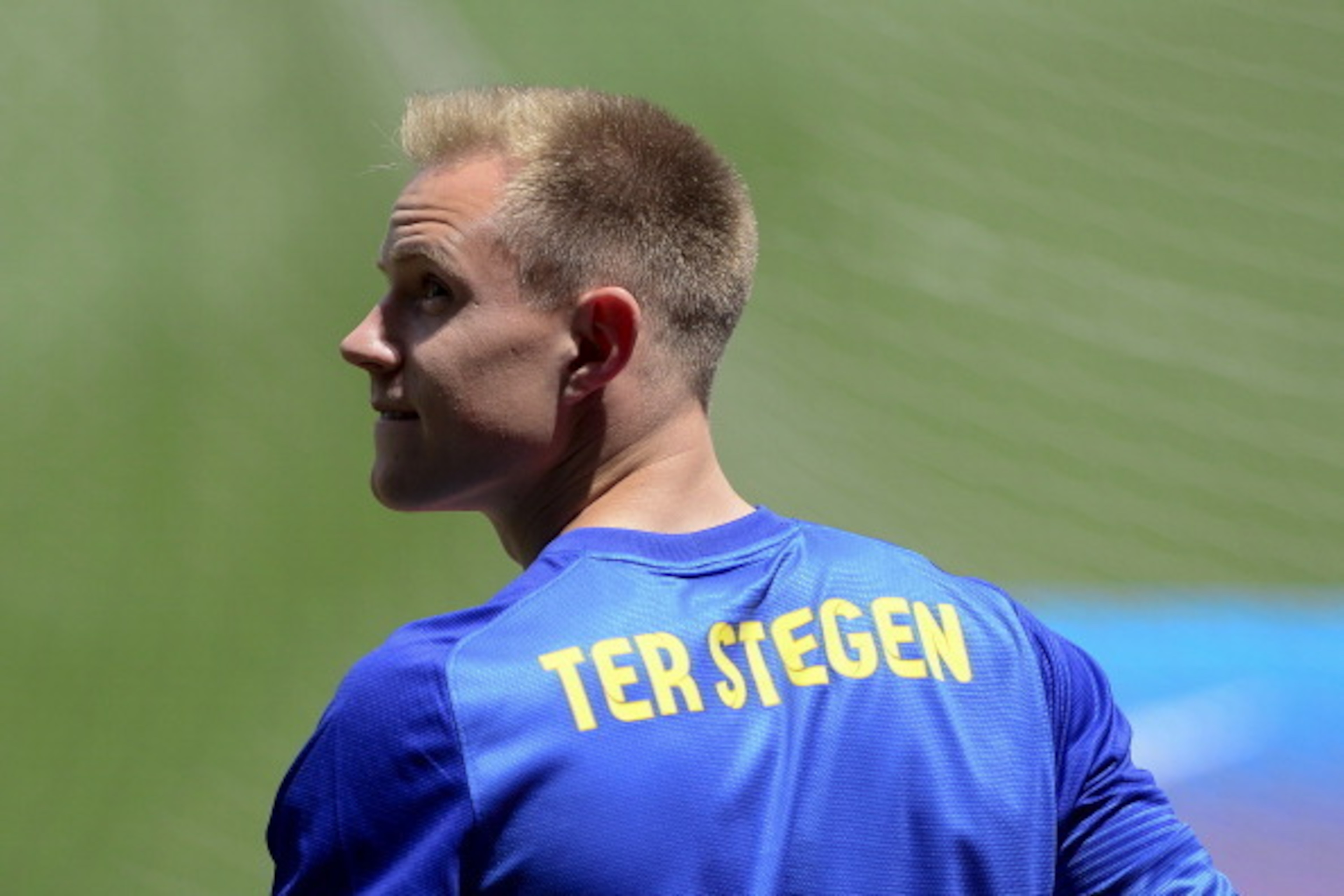 Barcelona's new goalkeeper Marc-Andre ter Stegen poses during his presentation at the Camp Nou stadium in Barcelona on May 22, 2014. Barcelona confirmed on May 19, 2014 that 22-year-old German international Marc-Andre Ter Stegen will join them from Boruss