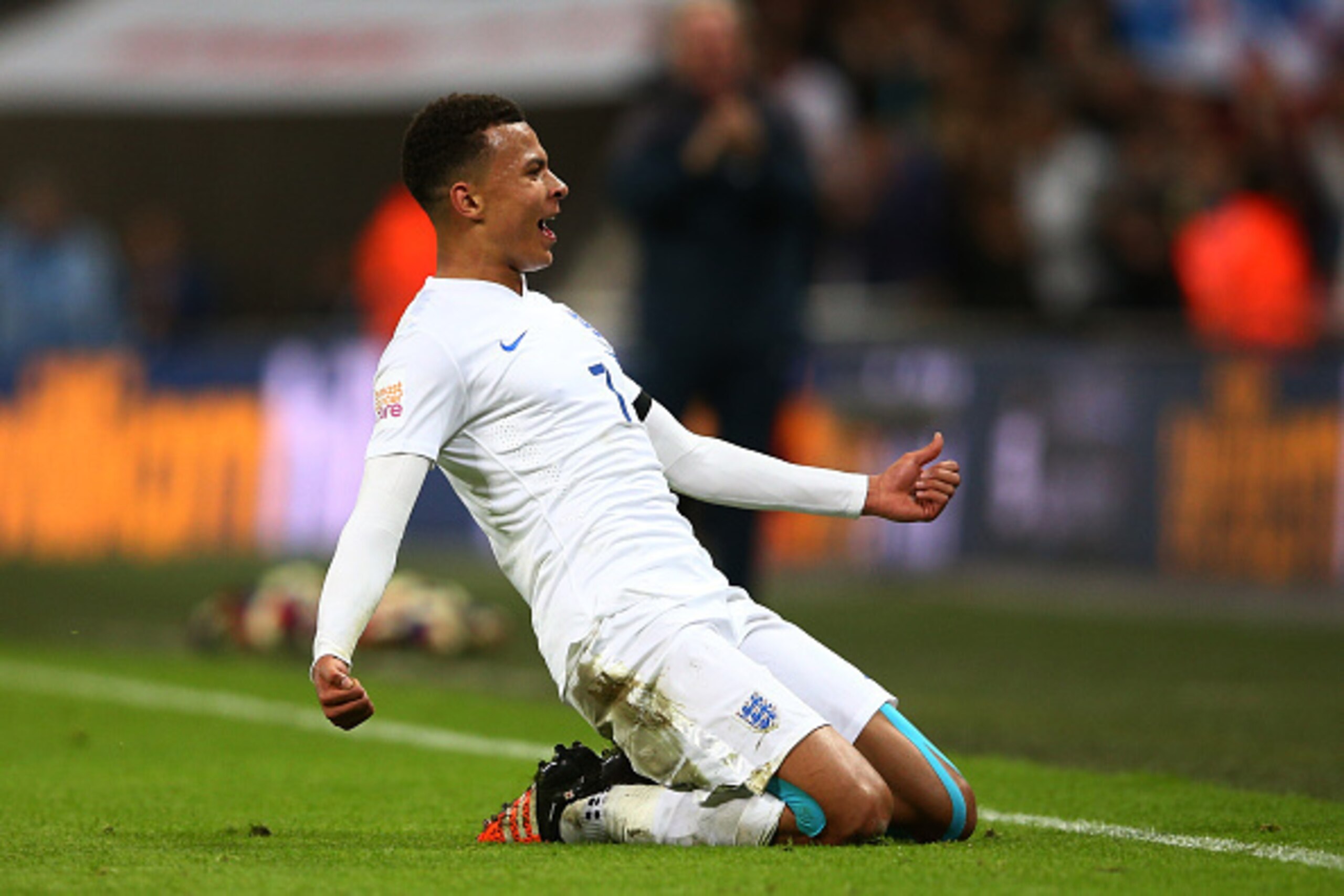 LONDON, ENGLAND - NOVEMBER 17:  Dele Alli of England celebrates scores his team's first goal during the International Friendly match between England and France at Wembley Stadium on November 17, 2015 in London, England.  (Photo by Paul Gilham/Getty Images