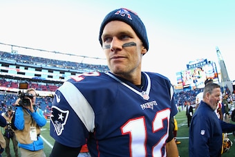FOXBORO, MA - NOVEMBER 08:   Tom Brady #12 of the New England Patriots looks on after the Patriots 27-10 win over the Washington Redskins at Gillette Stadium on November 8, 2015 in Foxboro, Massachusetts.  (Photo by Maddie Meyer/Getty Images)