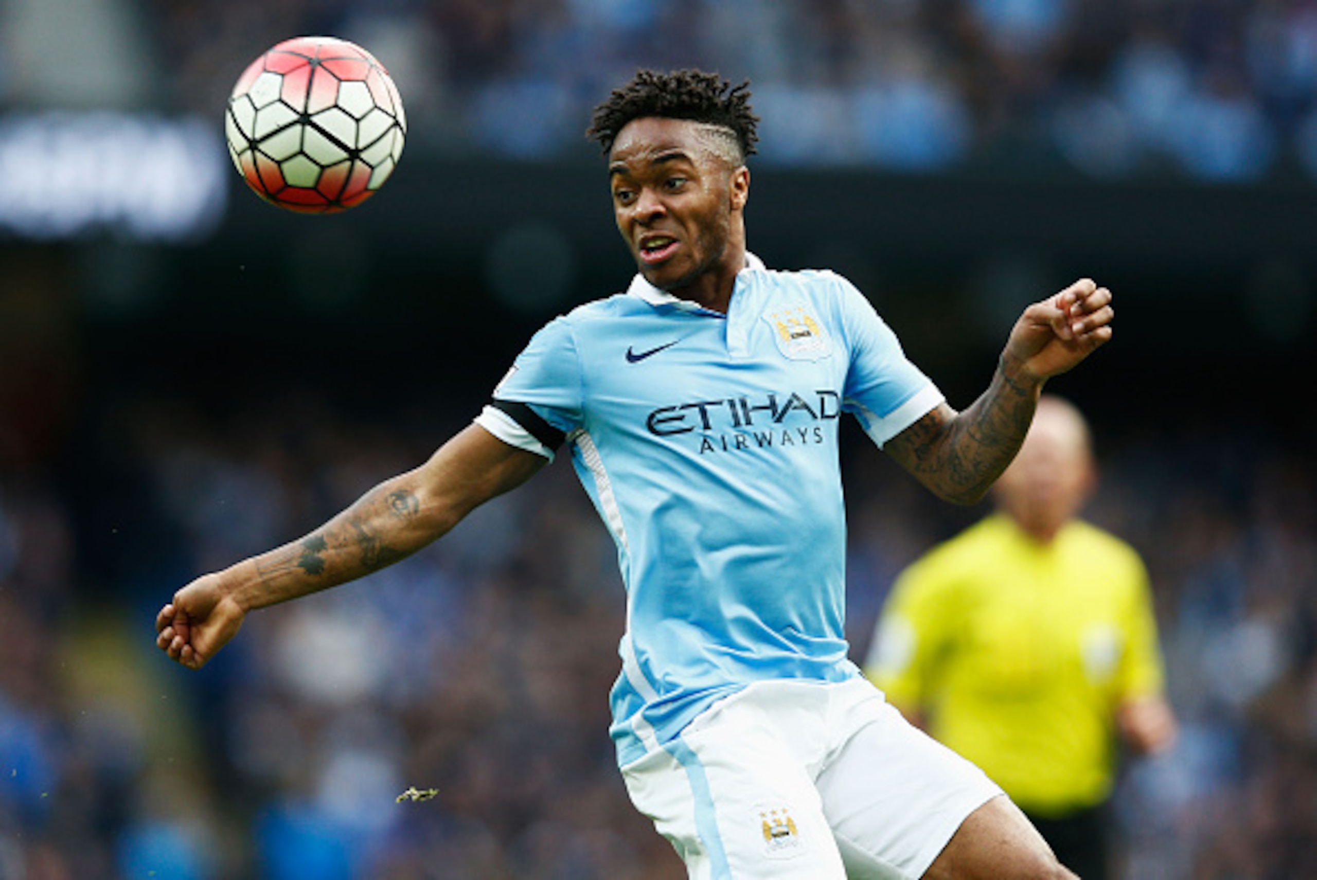 MANCHESTER, ENGLAND - OCTOBER 17: Raheem Sterling of Manchester City in action during the Barclays Premier League match between Manchester City and A.F.C. Bournemouth at Etihad Stadium on October 17, 2015 in Manchester, England.  (Photo by Dean Mouhtaropo
