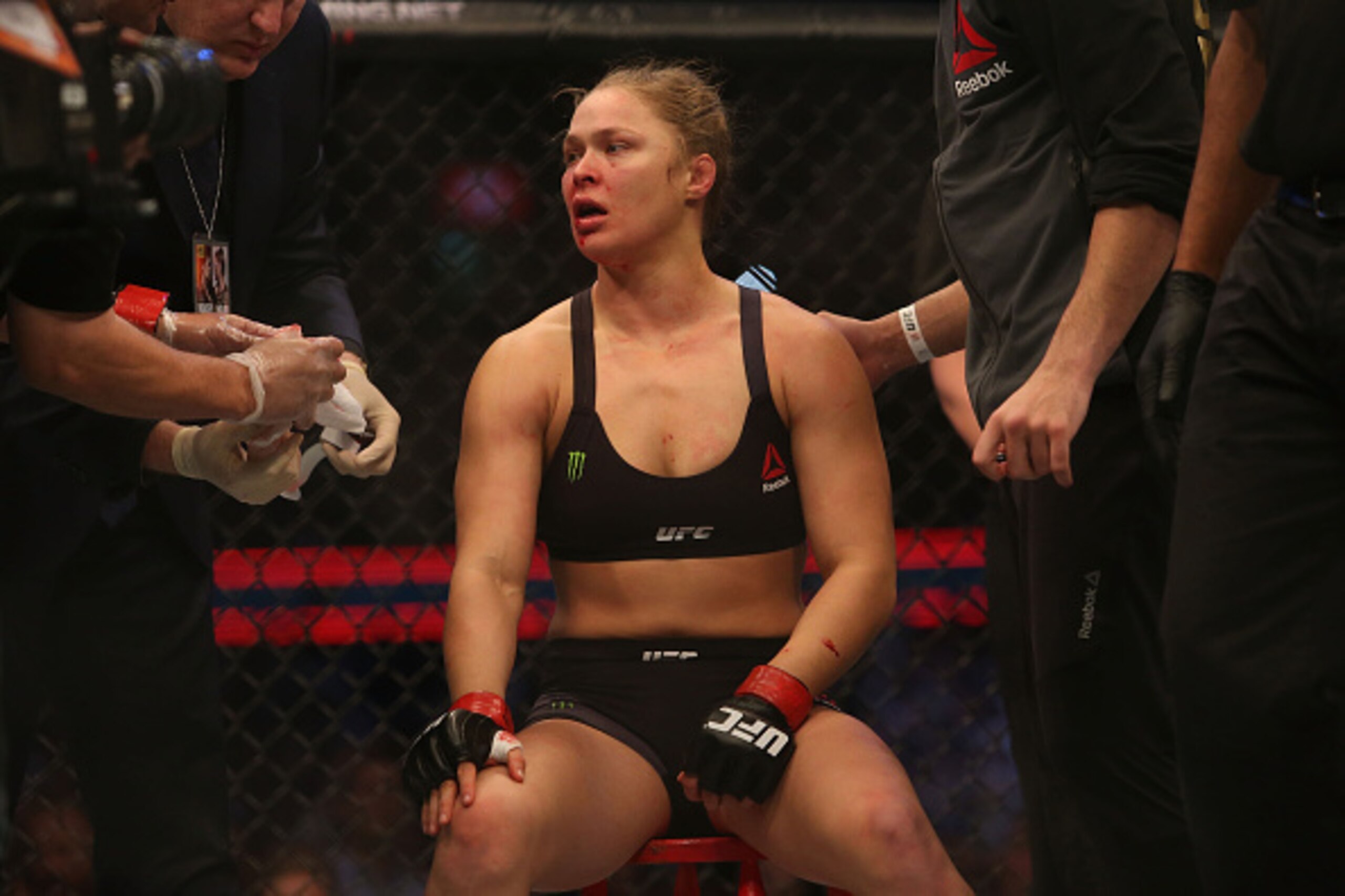 MELBOURNE, AUSTRALIA - NOVEMBER 15: Ronda Rousey of the United States receives medical treatment after being defeated by Holly Holm of the United States in their UFC women's bantamweight championship bout during the UFC 193 event at Etihad Stadium on Nov MELBOURNE, AUSTRALIA - NOVEMBER 15: Ronda Rousey of the United States receives medical treatment after being defeated by Holly Holm of the United States in their UFC women's bantamweight championship bout during the UFC 193 event at Etihad Stadium on Nov
