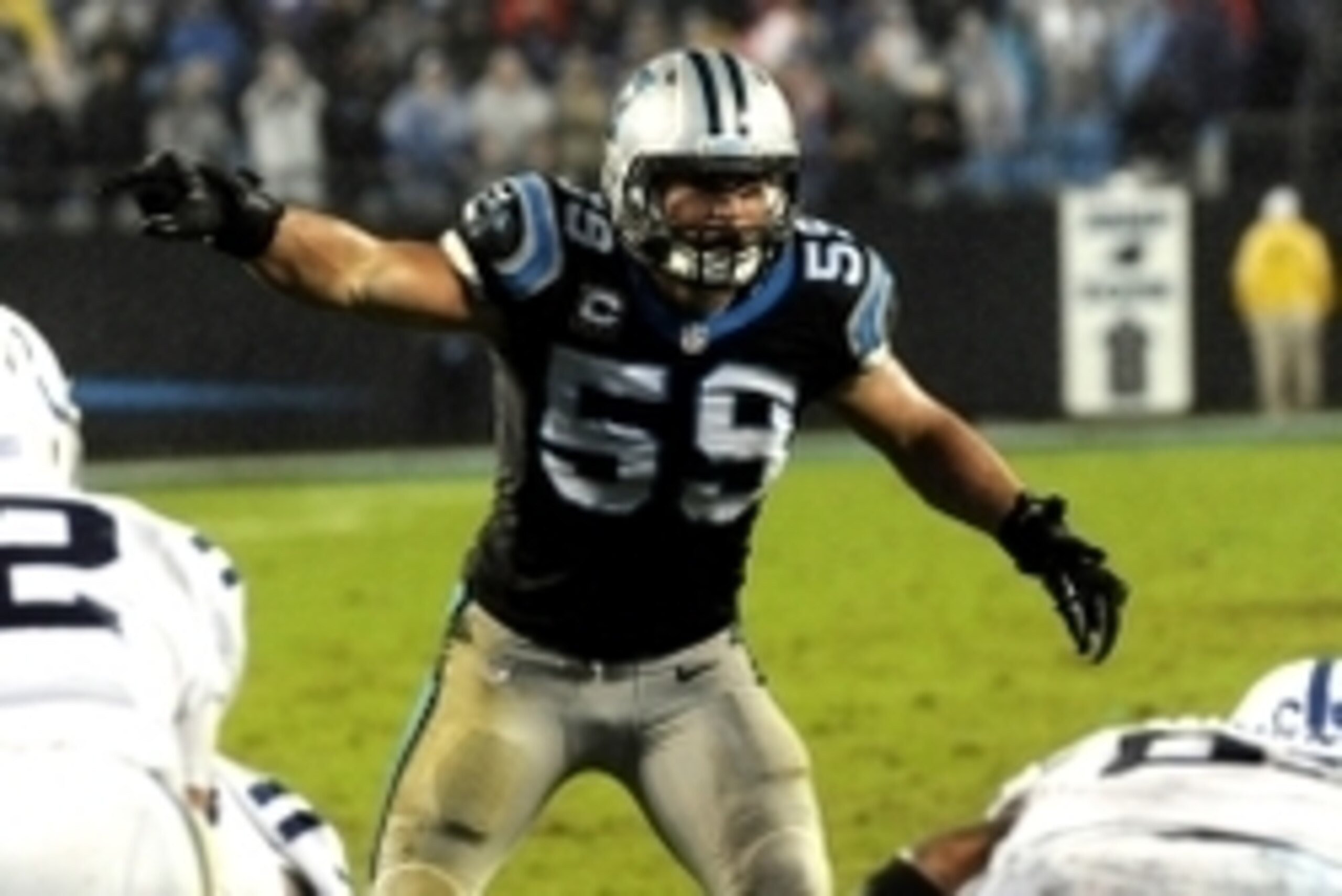 Nov 2, 2015; Charlotte, NC, USA; Carolina Panthers linebacker Luke Kuechly (59) calls out to his defense during the second half of the game against the Indianapolis Colts at Bank of America Stadium. Mandatory Credit: Sam Sharpe-USA TODAY Sports Nov 2, 2015; Charlotte, NC, USA; Carolina Panthers linebacker Luke Kuechly (59) calls out to his defense during the second half of the game against the Indianapolis Colts at Bank of America Stadium. Mandatory Credit: Sam Sharpe-USA TODAY Sports