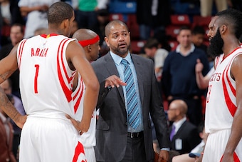 SACRAMENTO, CA - DECEMBER 11: Assistant coach J.B. Bickerstaff of the Houston Rockets coaches against the Sacramento Kings on December 11, 2014 at Sleep Train Arena in Sacramento, California. NOTE TO USER: User expressly acknowledges and agrees that, by d