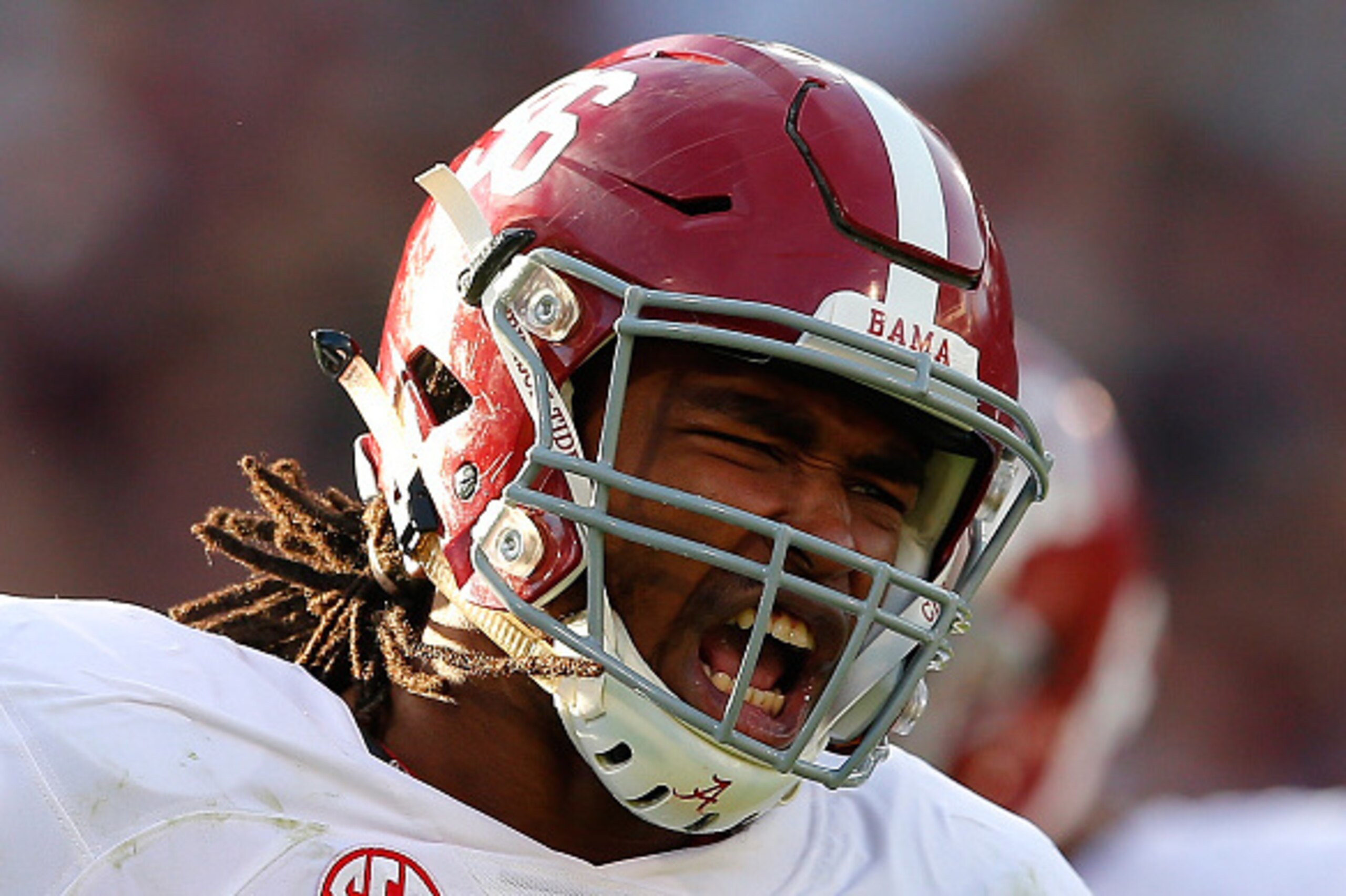 STARKVILLE, MS - NOVEMBER 14:  Tim Williams #56 of the Alabama Crimson Tide reacts after tackling Dak Prescott #15 of the Mississippi State Bulldogs at Davis Wade Stadium on November 14, 2015 in Starkville, Mississippi.  (Photo by Kevin C. Cox/Getty Image