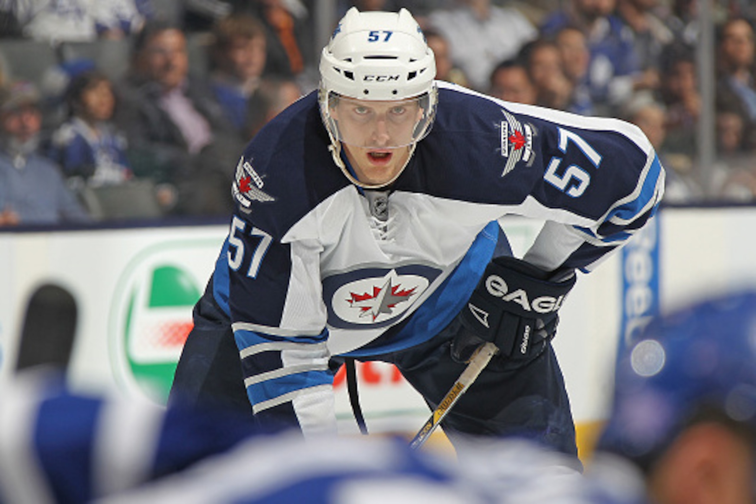 TORONTO, ON - NOVEMBER 4:  Tyler Myers #57 of the Winnipeg Jets waits for a faceoff against the Toronto Maple Leafs during an NHL game at the Air Canada Centre on November 4, 2015 in Toronto, Ontario, Canada. The Jets defeated the Maple Leafs 4-2. (Photo 
