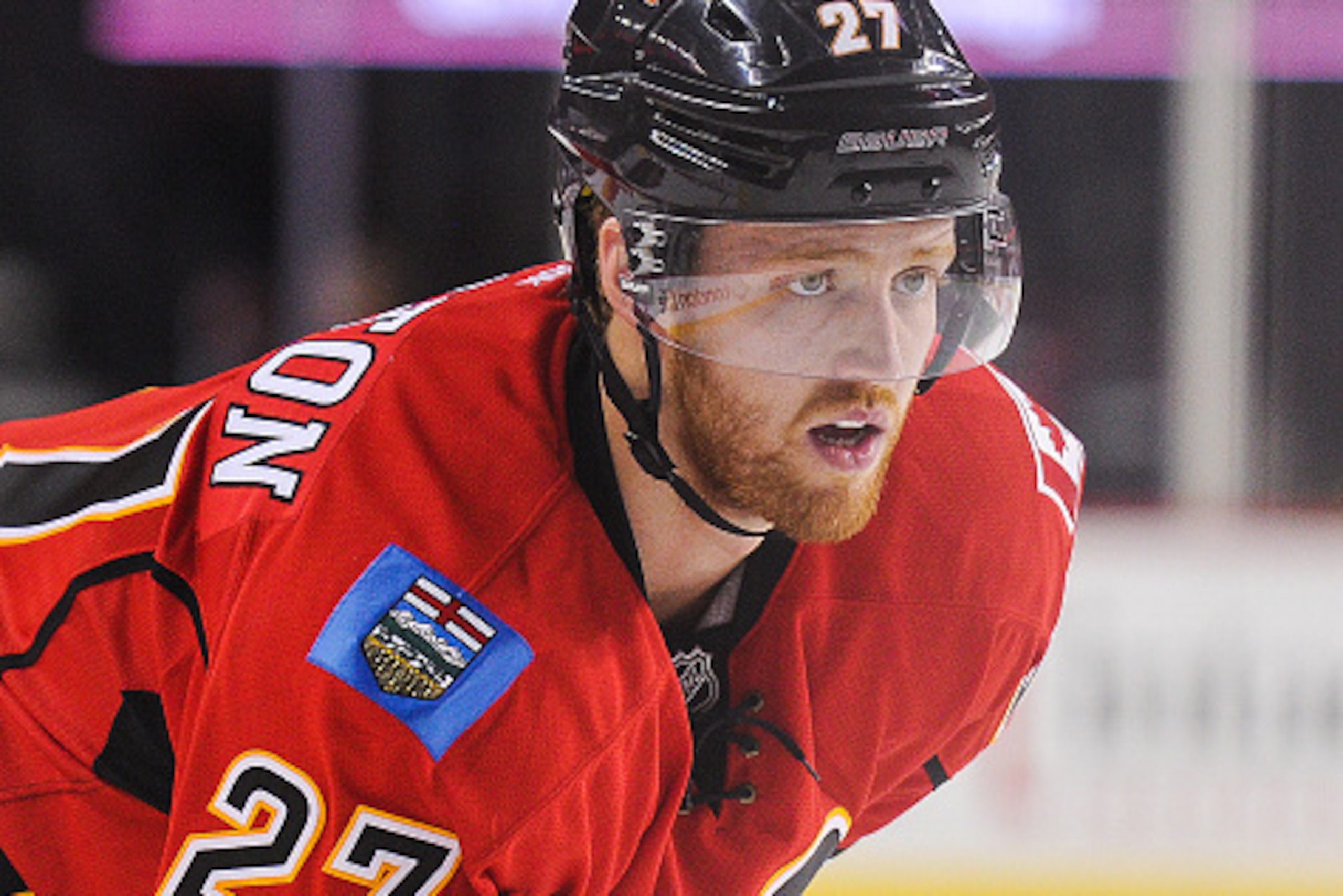 CALGARY, AB - SEPTEMBER 21: Dougie Hamilton #27 of the Calgary Flames skates against the Edmonton Oilers during a pre-season NHL game at Scotiabank Saddledome on September 21, 2015 in Calgary, Alberta, Canada. (Photo by Derek Leung/Getty Images)