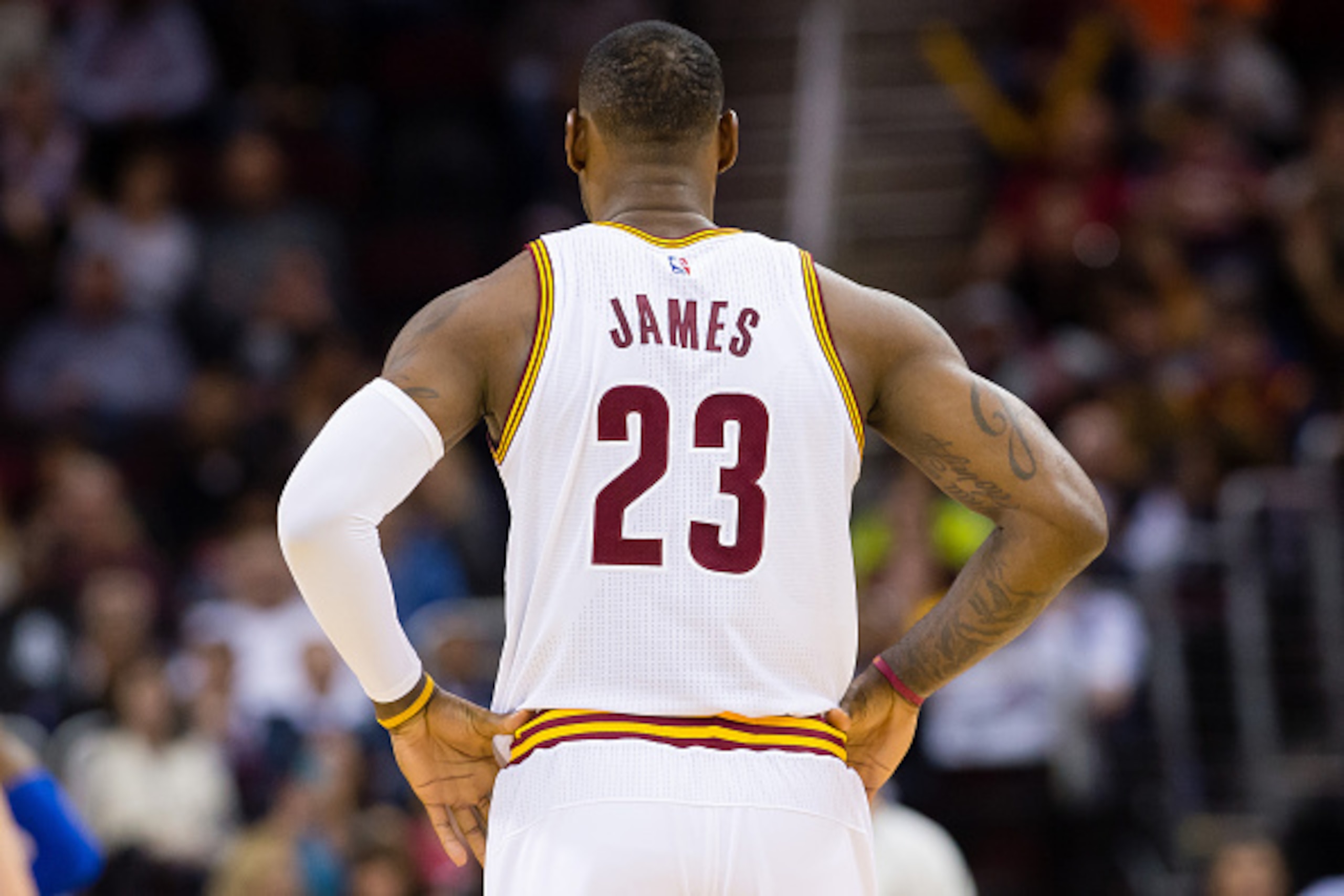 CLEVELAND, OH - NOVEMBER 6: LeBron James #23 of the Cleveland Cavaliers watches the game during the first half against the Philadelphia 76ers at Quicken Loans Arena on November 6, 2015 in Cleveland, Ohio. (Photo by Jason Miller/Getty Images)