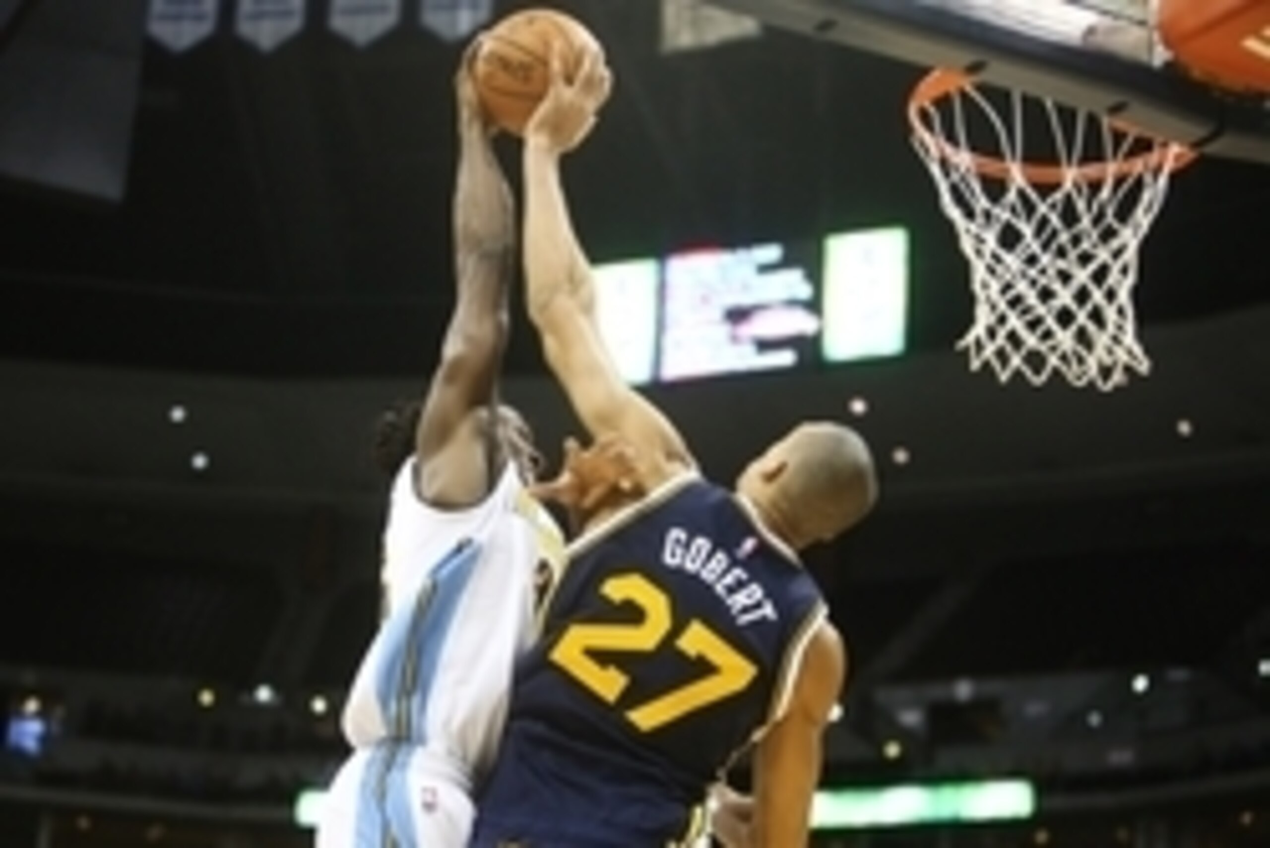 Nov 5, 2015; Denver, CO, USA; Denver Nuggets forward Kenneth Faried (35) has his shot blocked by Utah Jazz center Rudy Gobert (27) during the second half at Pepsi Center. The Jazz won 96-84. Mandatory Credit: Chris Humphreys-USA TODAY Sports Nov 5, 2015; Denver, CO, USA; Denver Nuggets forward Kenneth Faried (35) has his shot blocked by Utah Jazz center Rudy Gobert (27) during the second half at Pepsi Center. The Jazz won 96-84. Mandatory Credit: Chris Humphreys-USA TODAY Sports