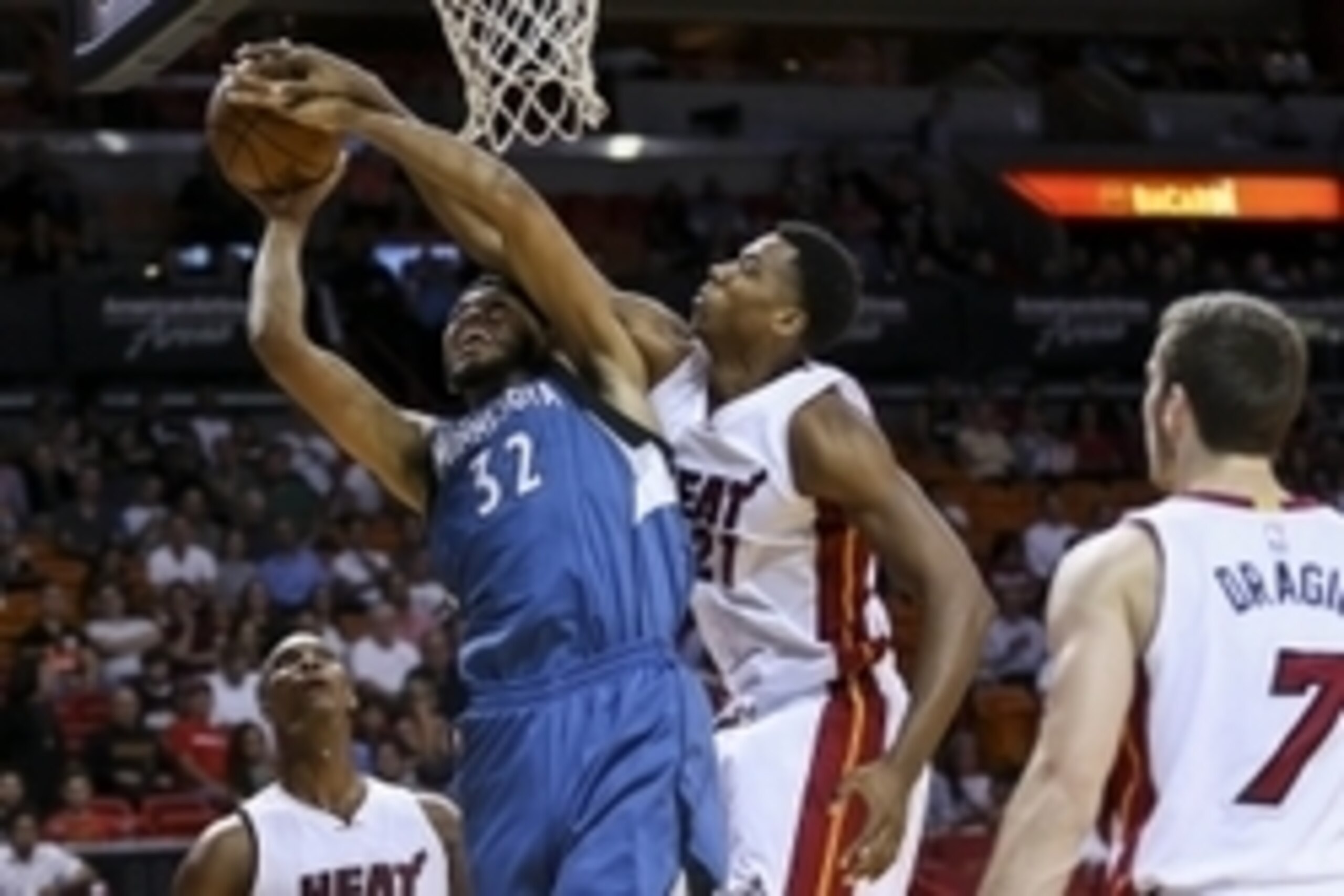 Nov 17, 2015; Miami, FL, USA; Miami Heat center Hassan Whiteside (21) blocks the shot of Minnesota Timberwolves center Karl-Anthony Towns (32) during the first half at American Airlines Arena. Mandatory Credit: Steve Mitchell-USA TODAY Sports Nov 17, 2015; Miami, FL, USA; Miami Heat center Hassan Whiteside (21) blocks the shot of Minnesota Timberwolves center Karl-Anthony Towns (32) during the first half at American Airlines Arena. Mandatory Credit: Steve Mitchell-USA TODAY Sports