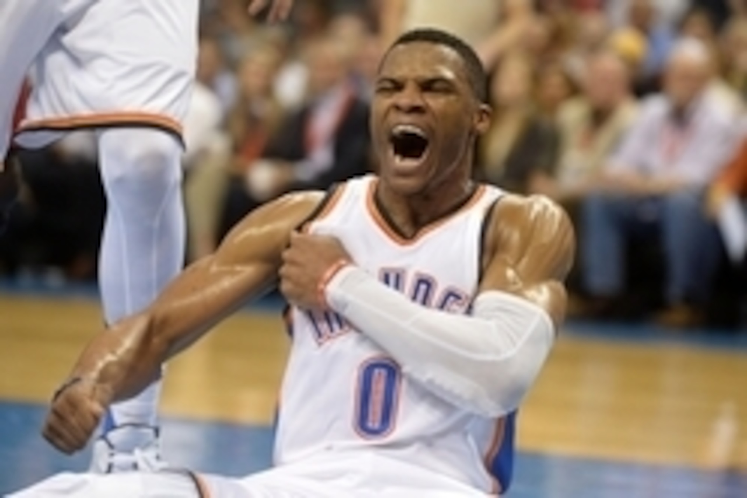 Nov 18, 2015; Oklahoma City, OK, USA; Oklahoma City Thunder guard Russell Westbrook (0) reacts after being fouled on a made shot against the New Orleans Pelicans during the fourth quarter at Chesapeake Energy Arena. Mandatory Credit: Mark D. Smith-USA TOD