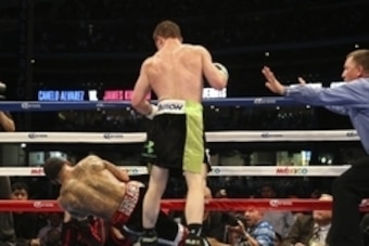 May 9, 2015; Houston, TX, USA;  Canelo Alvarez (right) knocks out James Kirkland (left) in the third round of a super welterweight fight at Minute Maid Park. Mandatory Credit: Troy Taormina-USA TODAY Sports