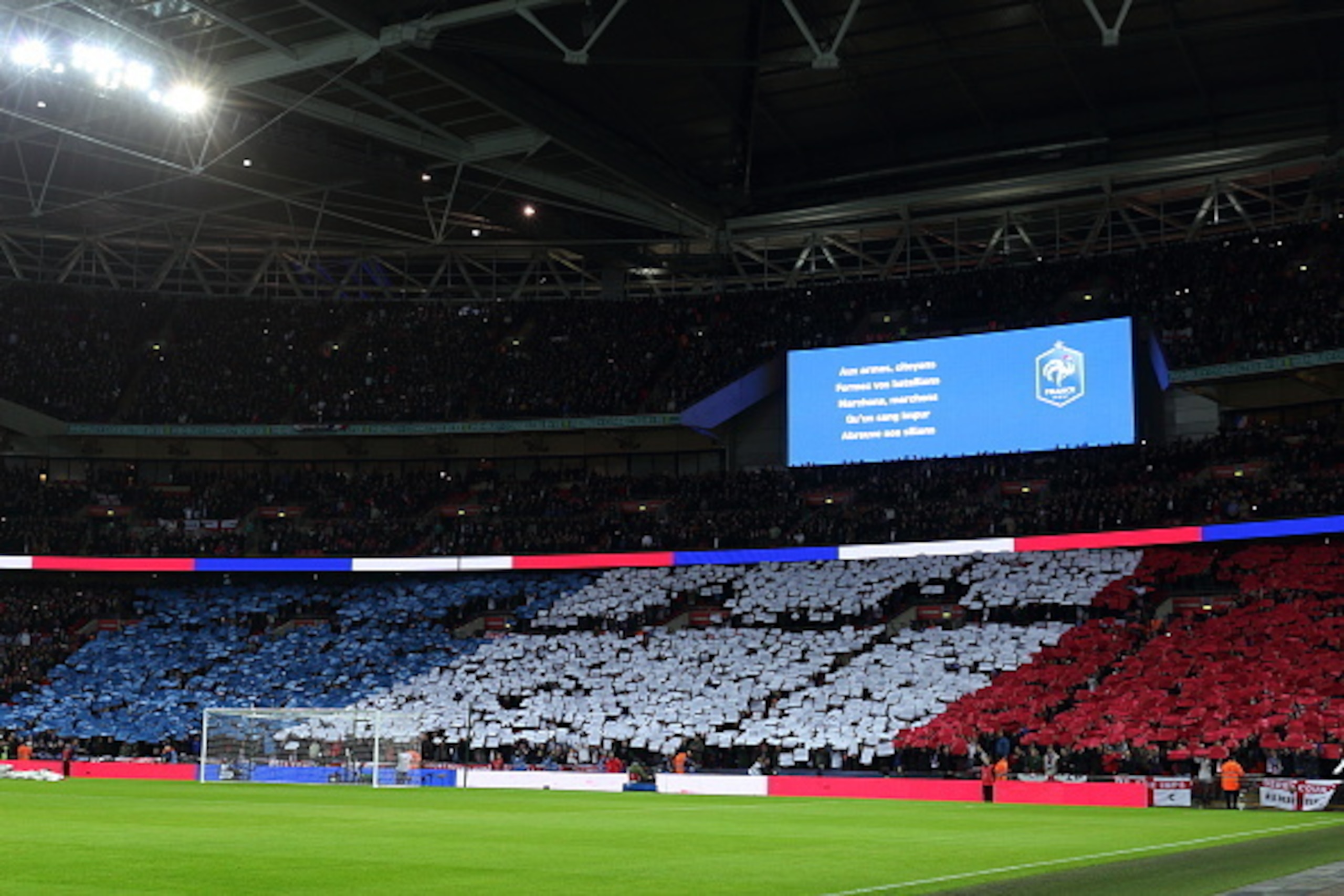 WEMBLEY, ENGLAND - NOVEMBER 17: Fans of England display the national flag of France during the international friendly between England and France at Wembley Stadium on November 17, 2015 in London, England. (Photo by Matthew Ashton - AMA/Getty Images) WEMBLEY, ENGLAND - NOVEMBER 17: Fans of England display the national flag of France during the international friendly between England and France at Wembley Stadium on November 17, 2015 in London, England. (Photo by Matthew Ashton - AMA/Getty Images)