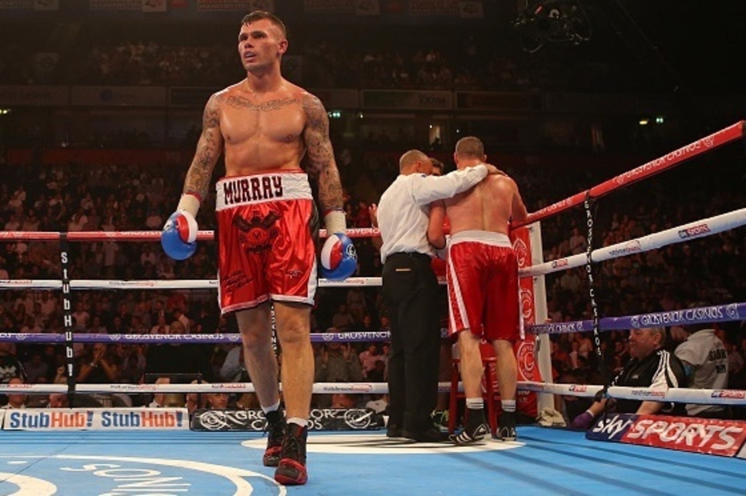 MANCHESTER, ENGLAND - JULY 18: Martin Murray makes his way back to his corner after the referee stopped the fight against Mirzet Bajrektarevic during their Super Middleweight contest at the Manchester Arena on July 18, 2015 in Manchester, England. (Photo 