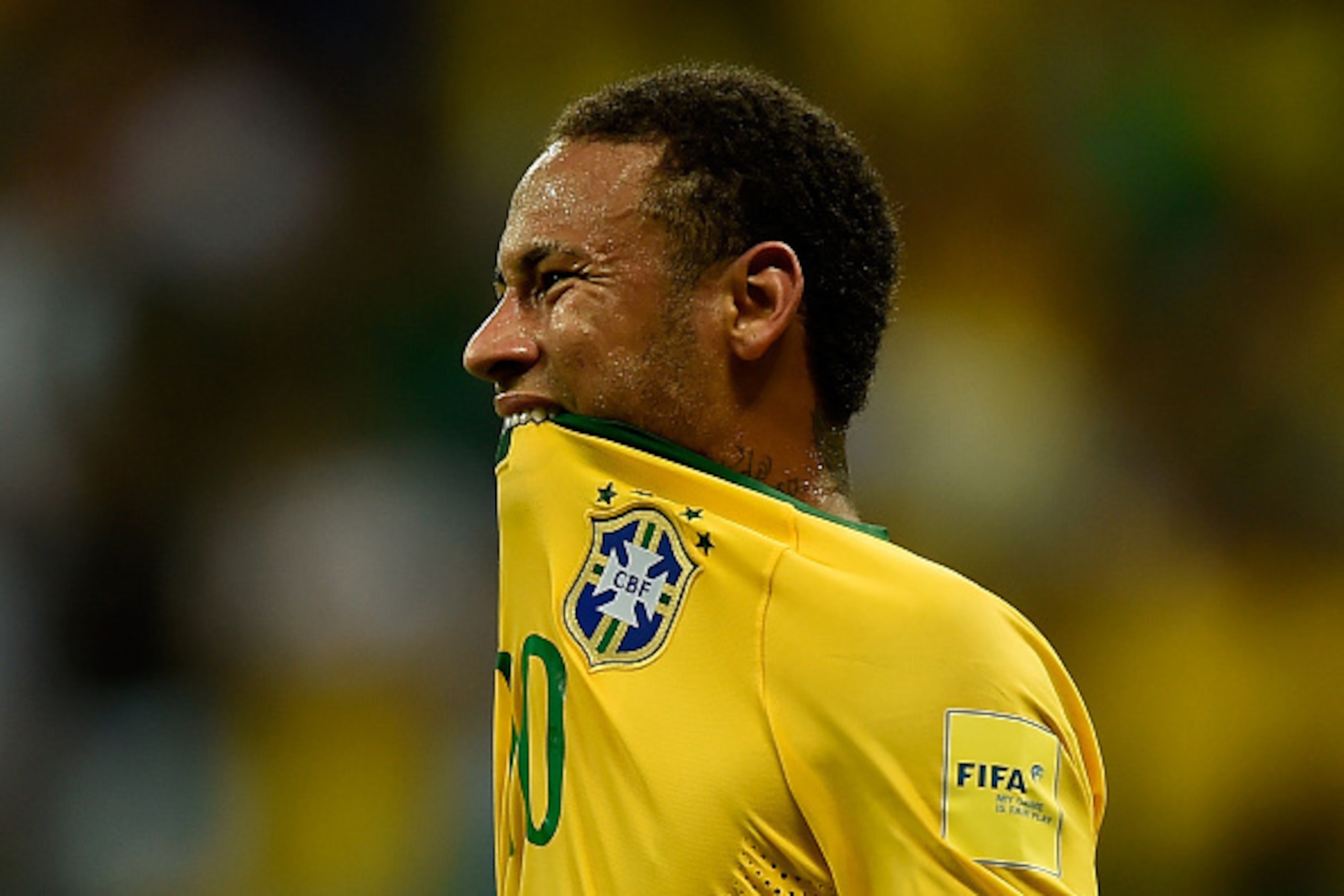 SALVADOR, BRAZIL - NOVEMBER 17:  Neymar of Brazil reacts during a match between Brazil and Peru as part of 2018 FIFA World Cup Russia Qualifiers at Arena Fonte Nova on November 17, 2015 in Salvador, Brazil.  (Photo by Buda Mendes/Getty Images)