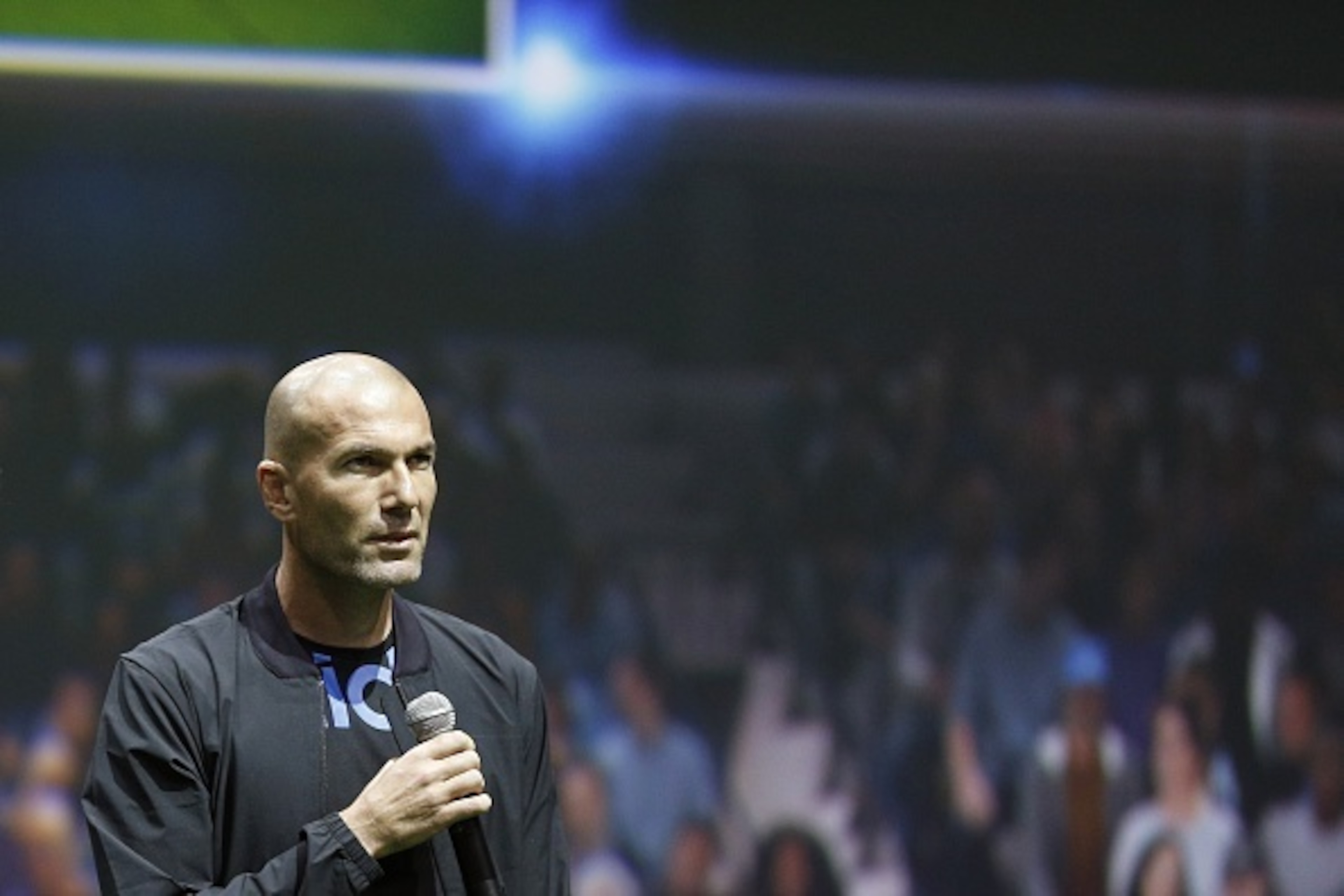Former French soccer player Zinedine Zidane speaks during the presentation of the official football of the upcoming Euro 2016 football championships, on November 12, 2015 at the 'Future Arena' five-a-side digital stadium in La PLaine Saint-Denis, outside 