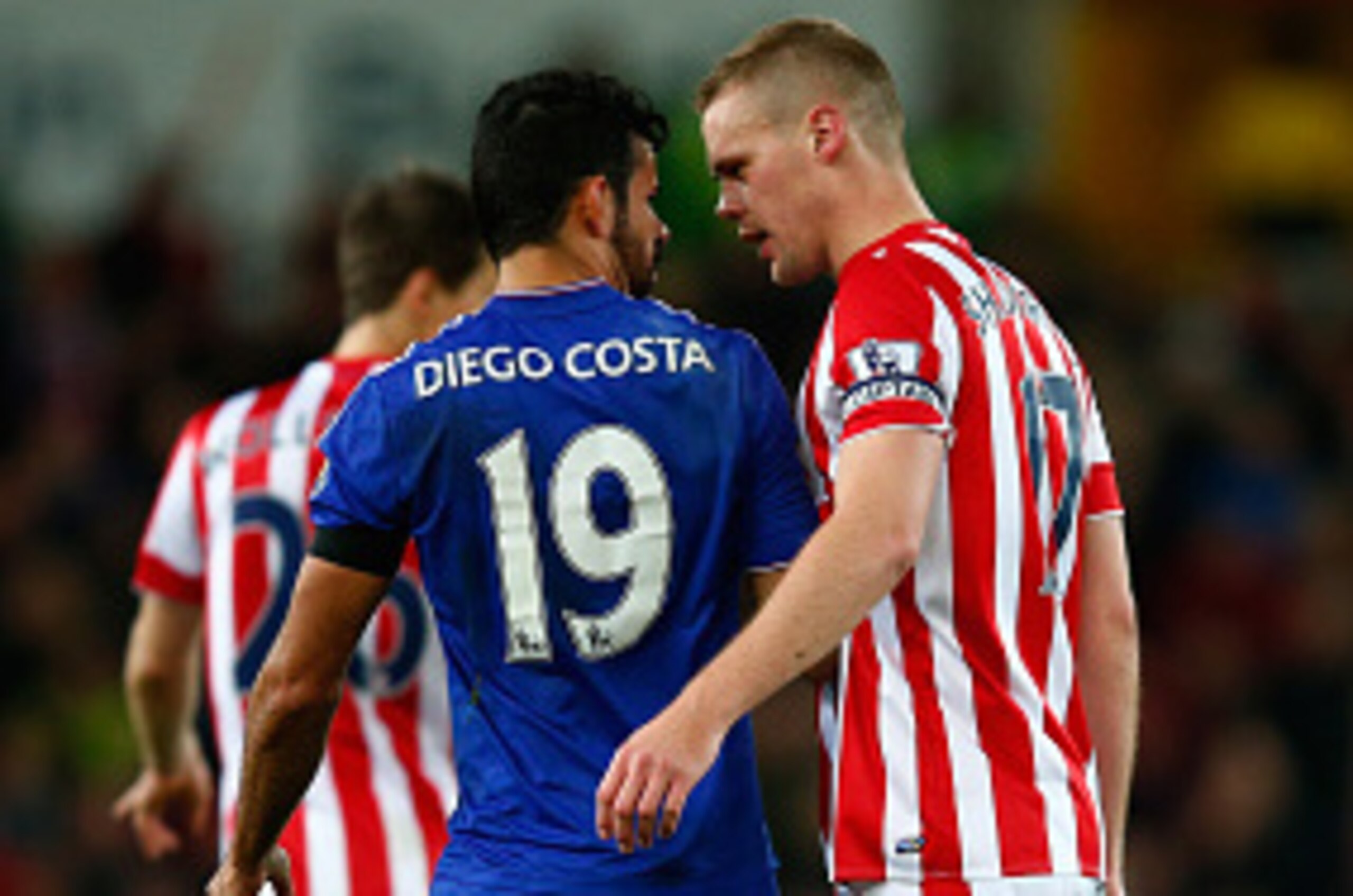 STOKE ON TRENT, ENGLAND - NOVEMBER 07: Diego Costa of Chelsea and Ryan Shawcross of Stoke City argue during the Barclays Premier League match between Stoke City and Chelsea at Britannia Stadium on November 7, 2015 in Stoke on Trent, England. (Photo by L STOKE ON TRENT, ENGLAND - NOVEMBER 07: Diego Costa of Chelsea and Ryan Shawcross of Stoke City argue during the Barclays Premier League match between Stoke City and Chelsea at Britannia Stadium on November 7, 2015 in Stoke on Trent, England. (Photo by L
