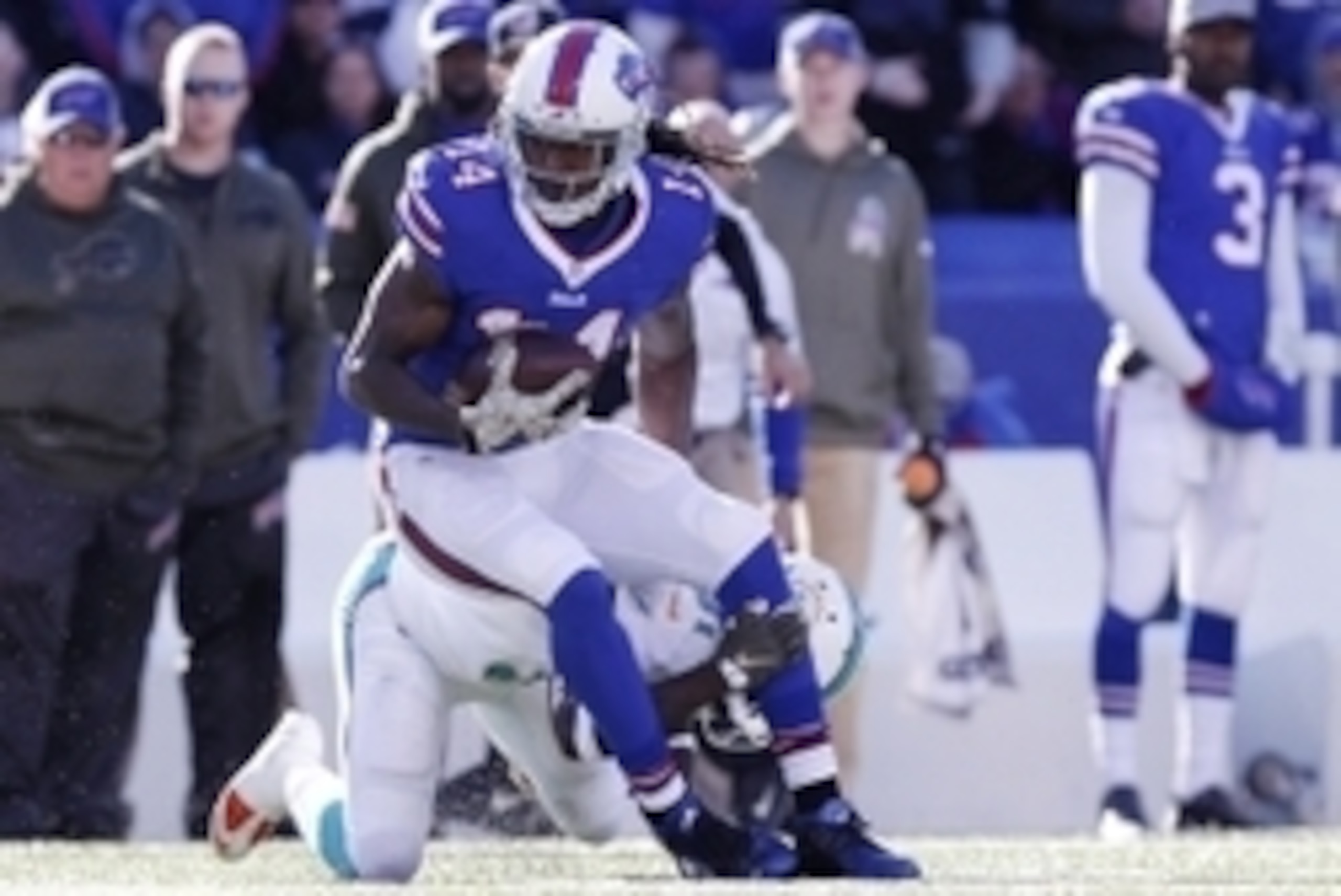 Nov 8, 2015; Orchard Park, NY, USA; Buffalo Bills wide receiver Sammy Watkins (14) catches a pass as Miami Dolphins free safety Michael Thomas (31) defends during the first half at Ralph Wilson Stadium. Mandatory Credit: Kevin Hoffman-USA TODAY Sports