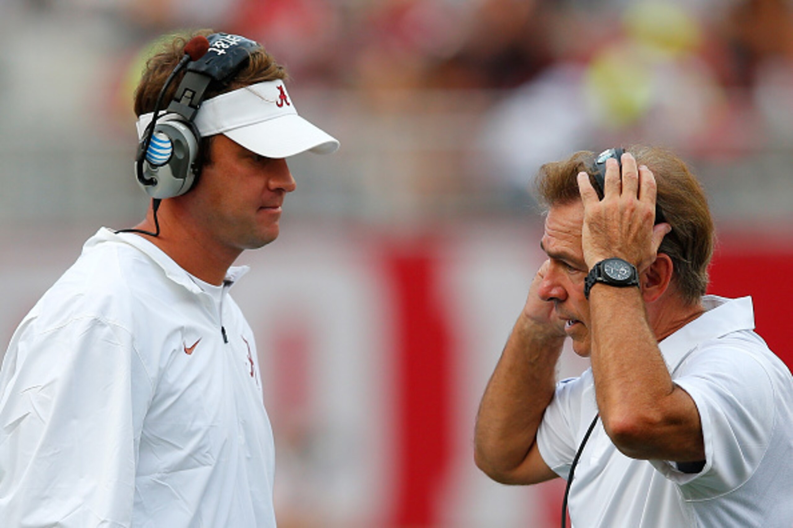 TUSCALOOSA, AL - SEPTEMBER 26:  Head coach Nick Saban of the Alabama Crimson Tide and offensive coordinator Lane Kiffin converse against the Louisiana Monroe Warhawks at Bryant-Denny Stadium on September 26, 2015 in Tuscaloosa, Alabama.  (Photo by Kevin C