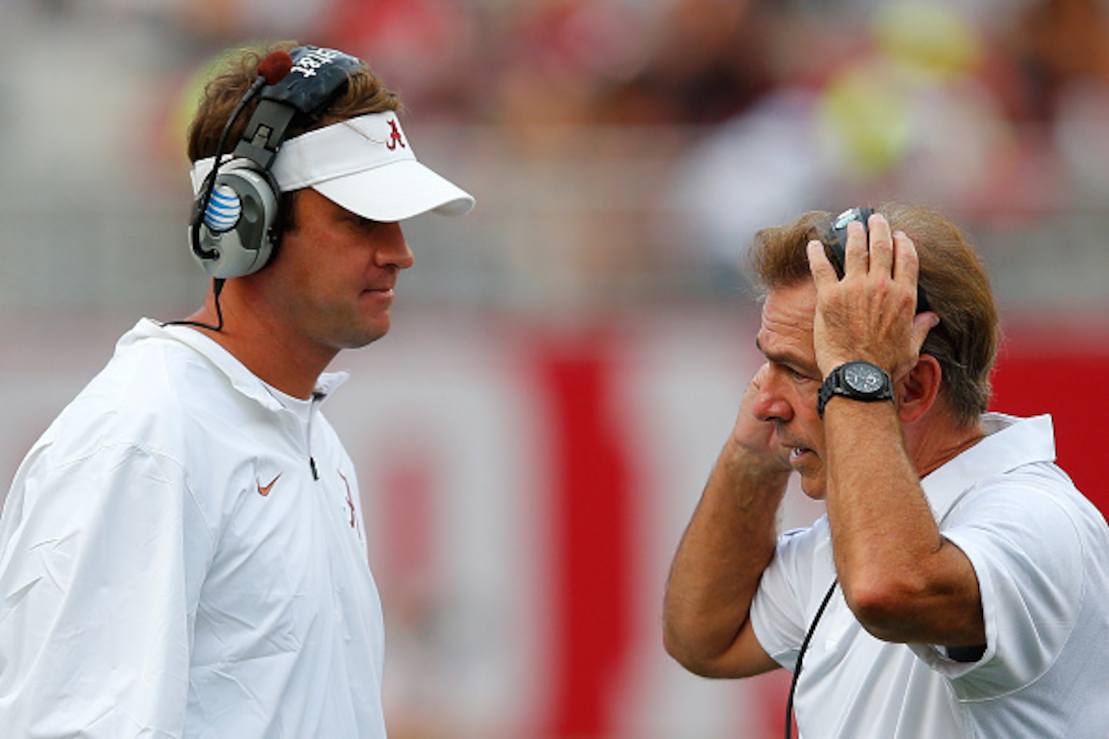 TUSCALOOSA, AL - SEPTEMBER 26: Head coach Nick Saban of the Alabama Crimson Tide and offensive coordinator Lane Kiffin converse against the Louisiana Monroe Warhawks at Bryant-Denny Stadium on September 26, 2015 in Tuscaloosa, Alabama. (Photo by Kevin C TUSCALOOSA, AL - SEPTEMBER 26: Head coach Nick Saban of the Alabama Crimson Tide and offensive coordinator Lane Kiffin converse against the Louisiana Monroe Warhawks at Bryant-Denny Stadium on September 26, 2015 in Tuscaloosa, Alabama. (Photo by Kevin C