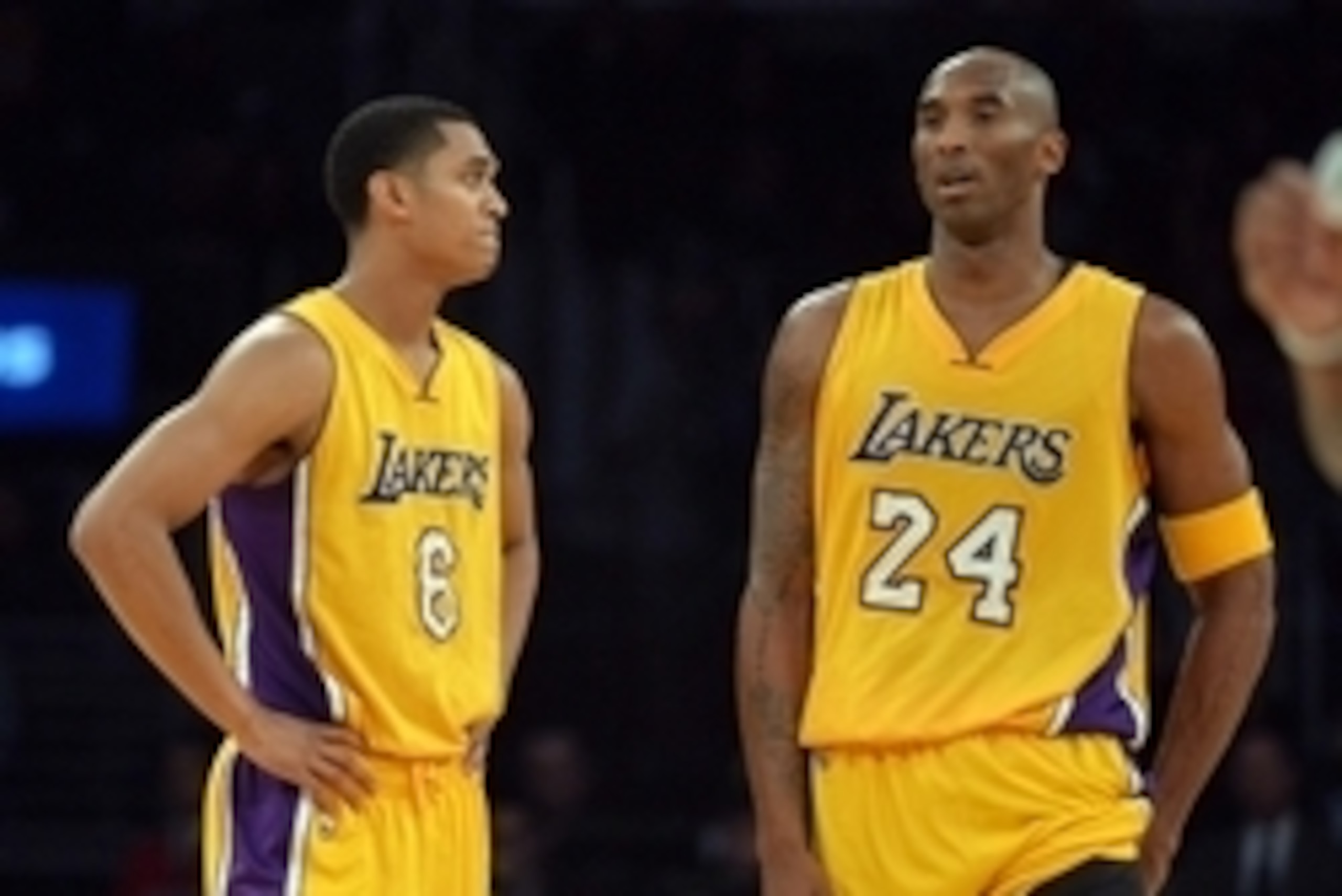 Nov 3, 2015; Los Angeles, CA, USA; Los Angeles Lakers guards Jordan Clarkson (6) and Kobe Bryant (24) react during 120-109 loss against the Denver Nuggets at Staples Center. Mandatory Credit: Kirby Lee-USA TODAY Sports Nov 3, 2015; Los Angeles, CA, USA; Los Angeles Lakers guards Jordan Clarkson (6) and Kobe Bryant (24) react during 120-109 loss against the Denver Nuggets at Staples Center. Mandatory Credit: Kirby Lee-USA TODAY Sports