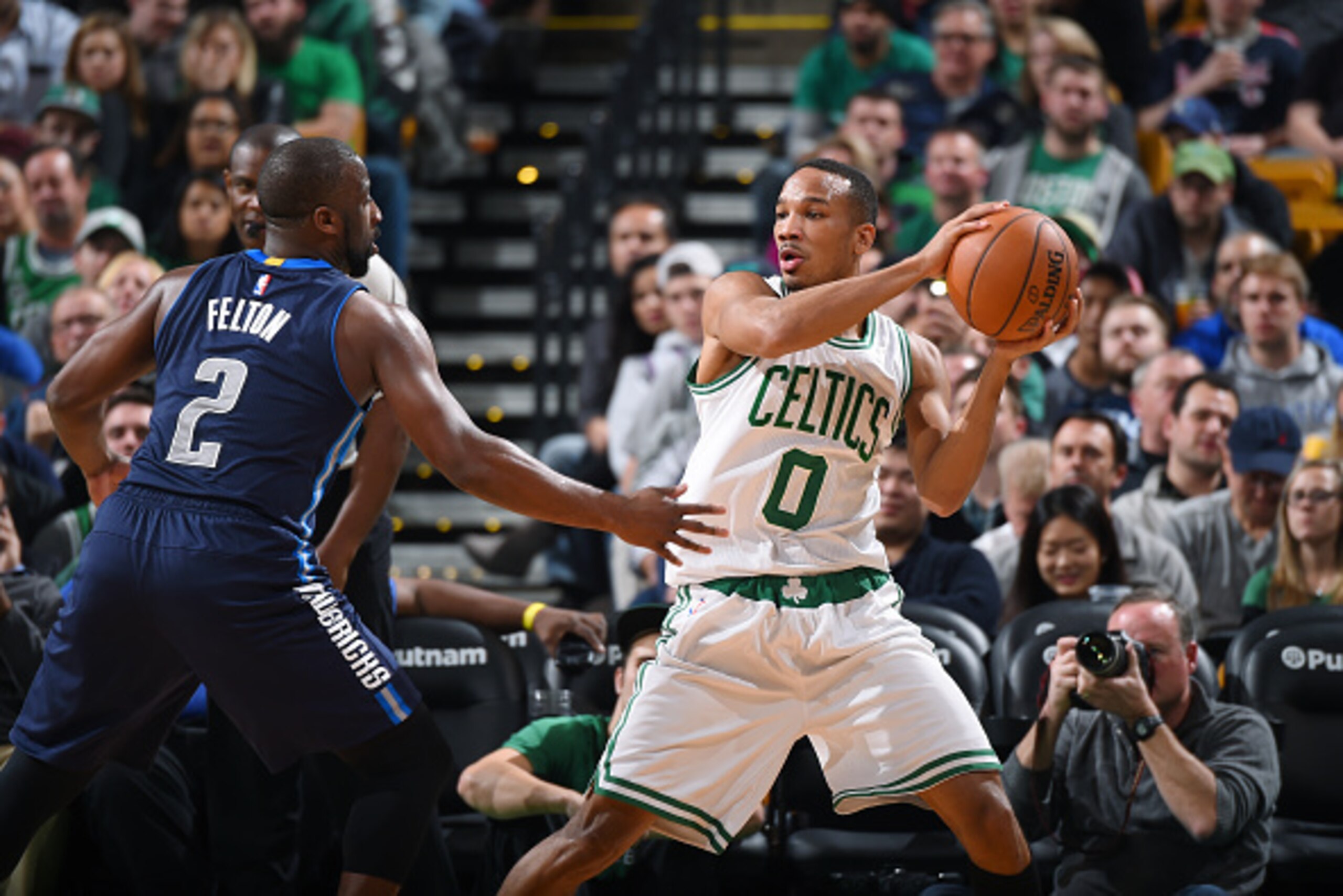 BOSTON, MA - NOVEMBER 18: Avery Bradley #0 of the Boston Celtics defends the ball against the Dallas Mavericks during the game on November 18, 2015 at TD Garden in Boston, Massachusetts. NOTE TO USER: User expressly acknowledges and agrees that, by downlo