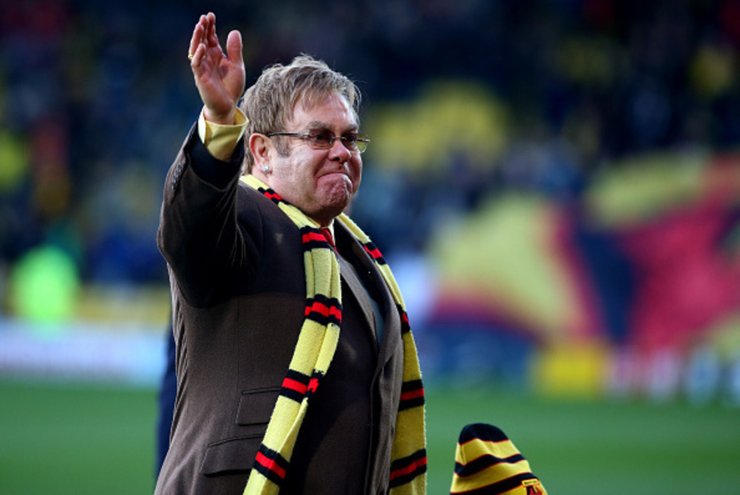 WATFORD, ENGLAND - DECEMBER 13: Honorary Life President Sir Elton John in attendance for the unveiling of 'The Sir Elton John stand' during the Sky Bet Championship match between Watford and Wigan Athletic at Vicarage Road on December 13, 2014 in Watford,