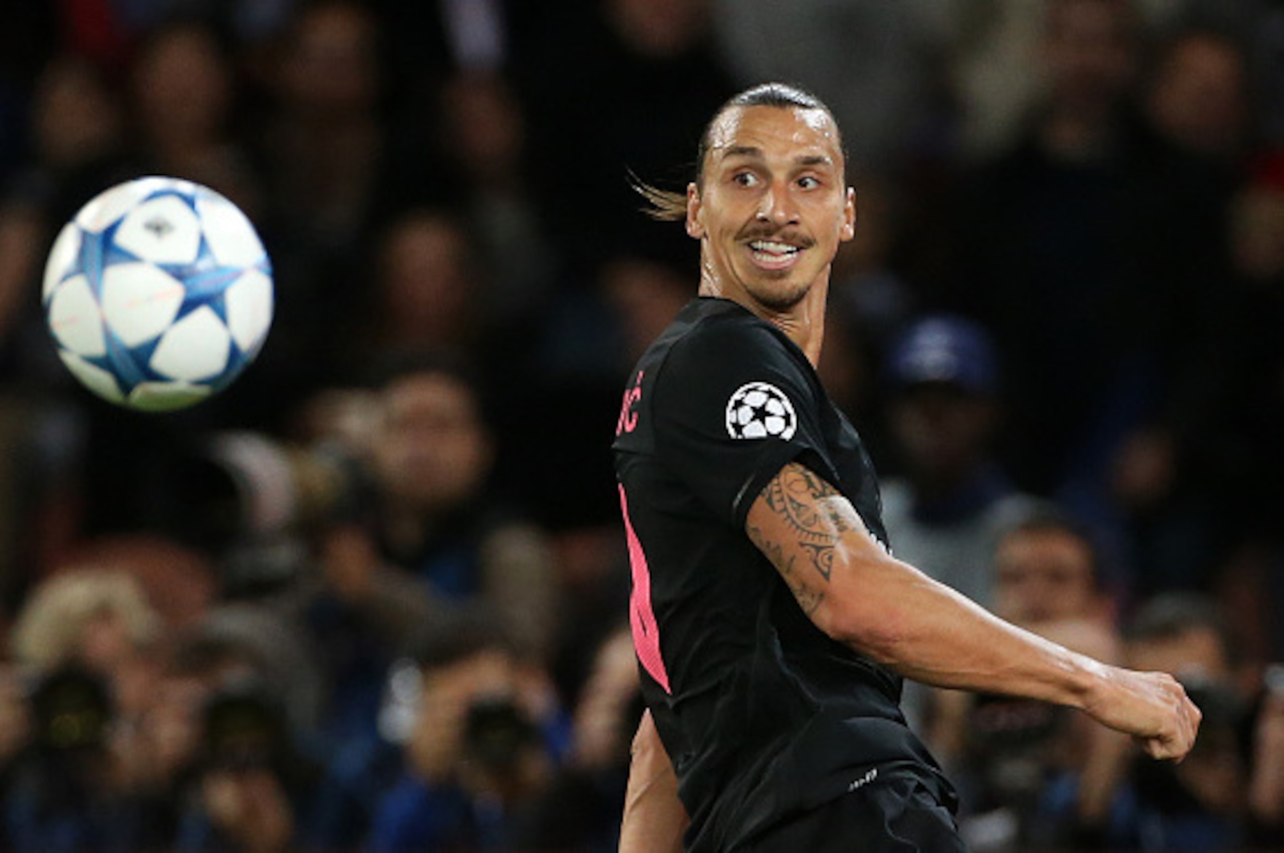 PARIS - SEPTEMBER 15: Zlatan Ibrahimovic of PSG in action during the UEFA Champions League match between Paris Saint-Germain (PSG) and Malmo FF at Parc des Princes stadium on September 15, 2015 in Paris, France. (Photo by Jean Catuffe/Getty Images)