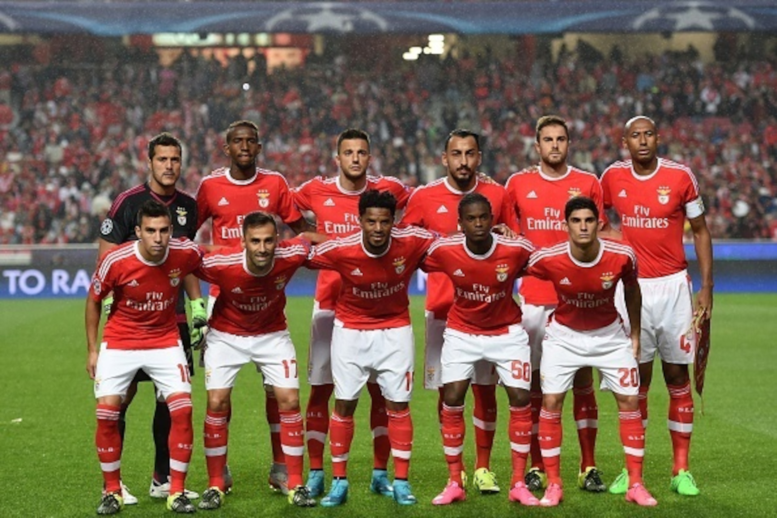 (FromL top row) Benfica's players, Brazilian goalkeeper Julio Cesar, Brazilian midfielder Anderson Talisca, Greek midfielder Andreas Samaris, Greek forward Konstantinos Mitroglou, Brazilian defender Jardel, Brazilian defender Luisao, (bottom row) Argentin
