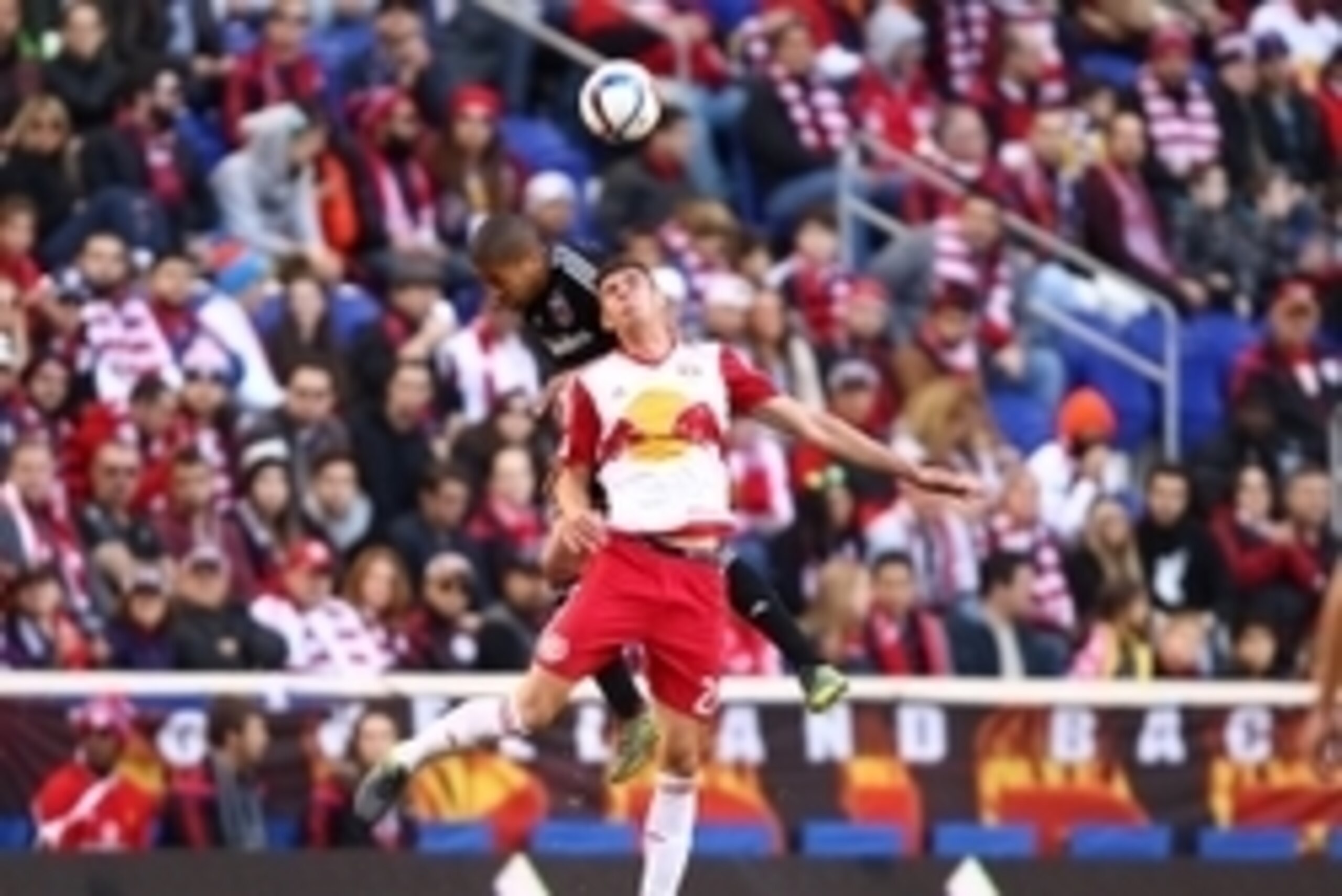 Nov 8, 2015; Harrison, NJ, USA; New York Red Bulls defender Matt Miazga (20) heads a ball against DC United during the first half of the MLS Playoffs at Red Bull Arena. Mandatory Credit: Danny Wild-USA TODAY Sports Nov 8, 2015; Harrison, NJ, USA; New York Red Bulls defender Matt Miazga (20) heads a ball against DC United during the first half of the MLS Playoffs at Red Bull Arena. Mandatory Credit: Danny Wild-USA TODAY Sports