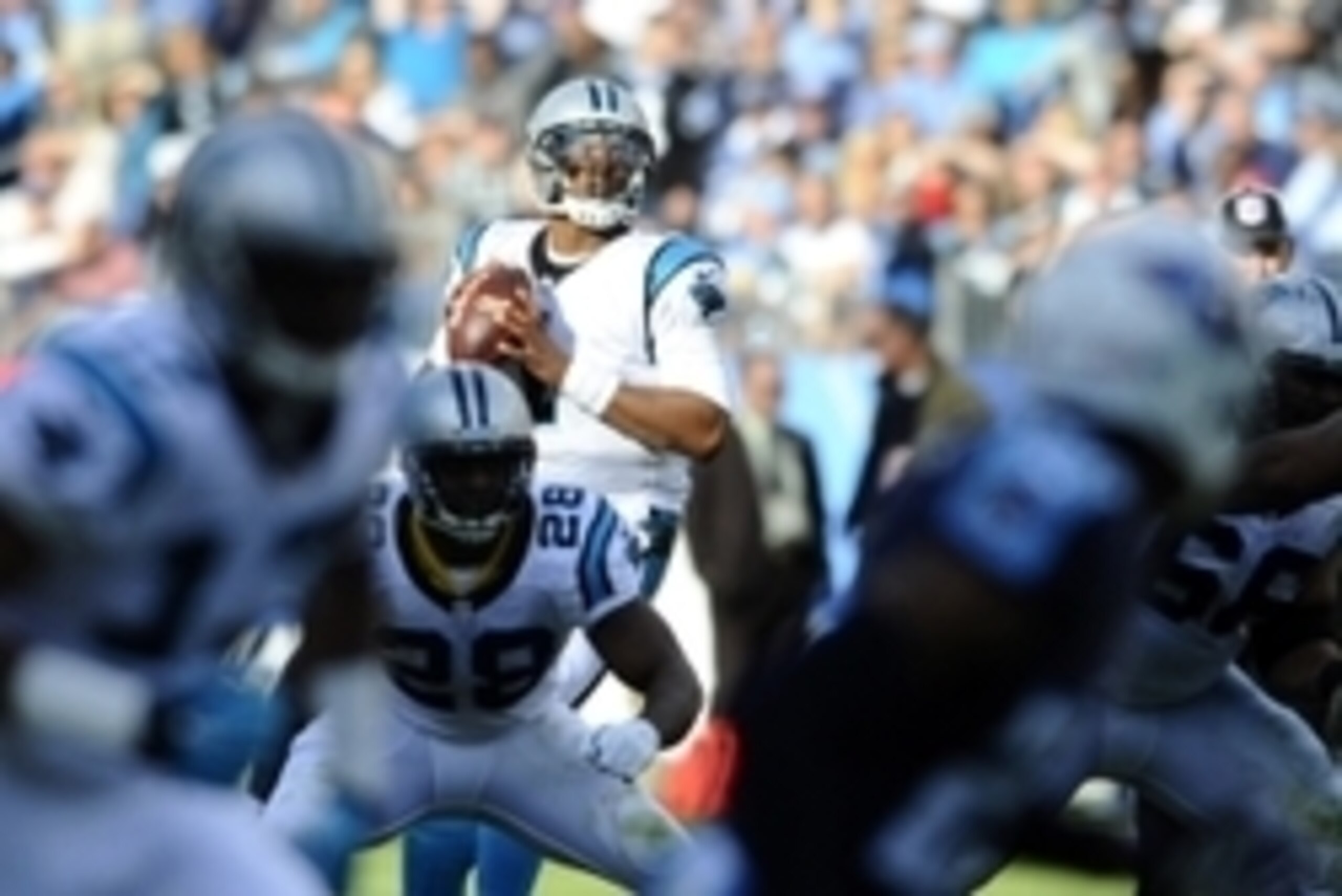 Nov 15, 2015; Nashville, TN, USA; Carolina Panthers quarterback Cam Newton (1) drops back to pass during the second half against the Tennessee Titans at Nissan Stadium. The Panthers won 27-10. Mandatory Credit: Christopher Hanewinckel-USA TODAY Sports
