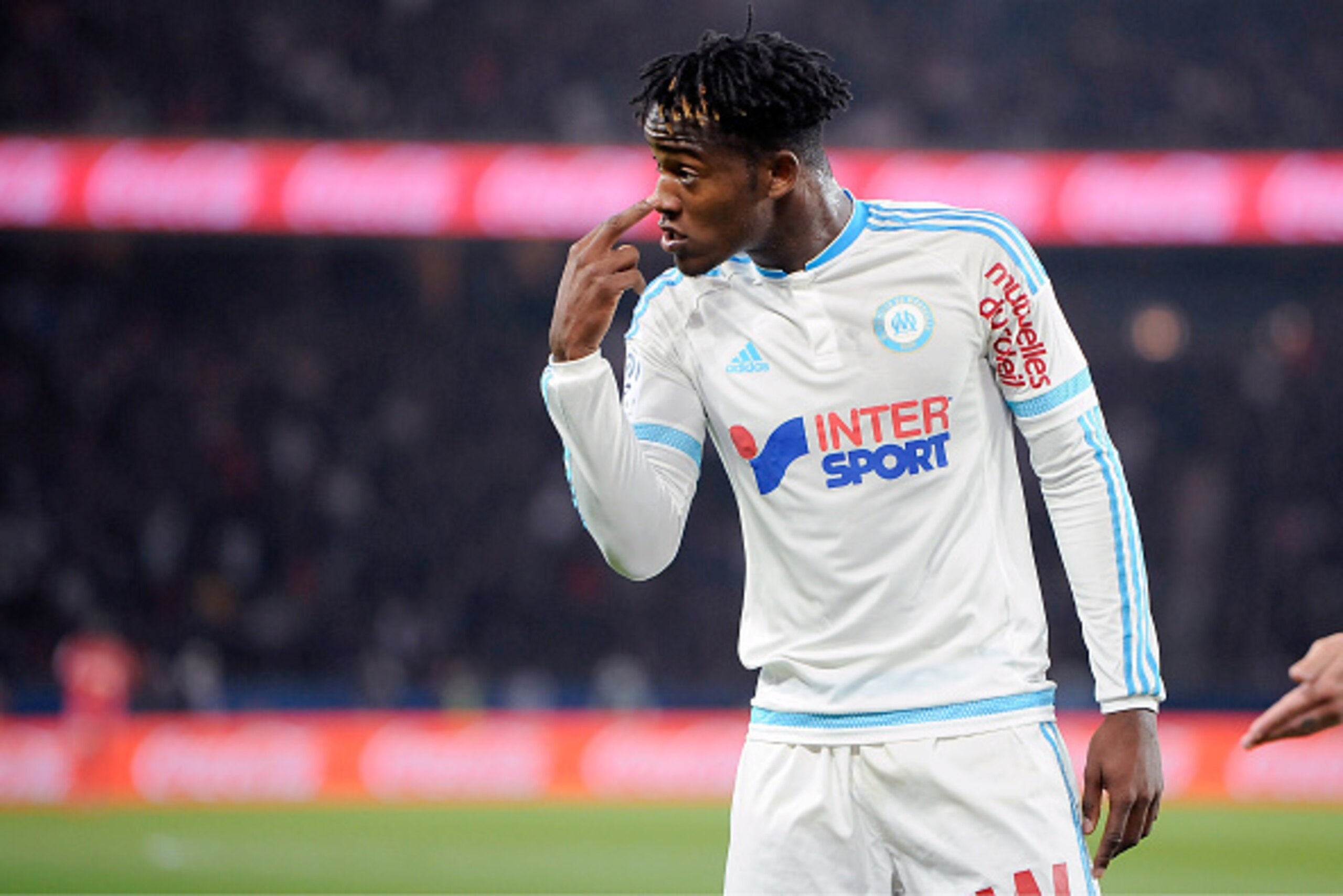 PARIS, FRANCE - OCTOBER 04:  Michy Batshuayi of Olympique de Marseille reacts after an off side during the Ligue 1 game between Paris Saint-Germain and Olympique de Marseille at Parc des Princes on October 4, 2015 in Paris, France.  (Photo by Aurelien Meu