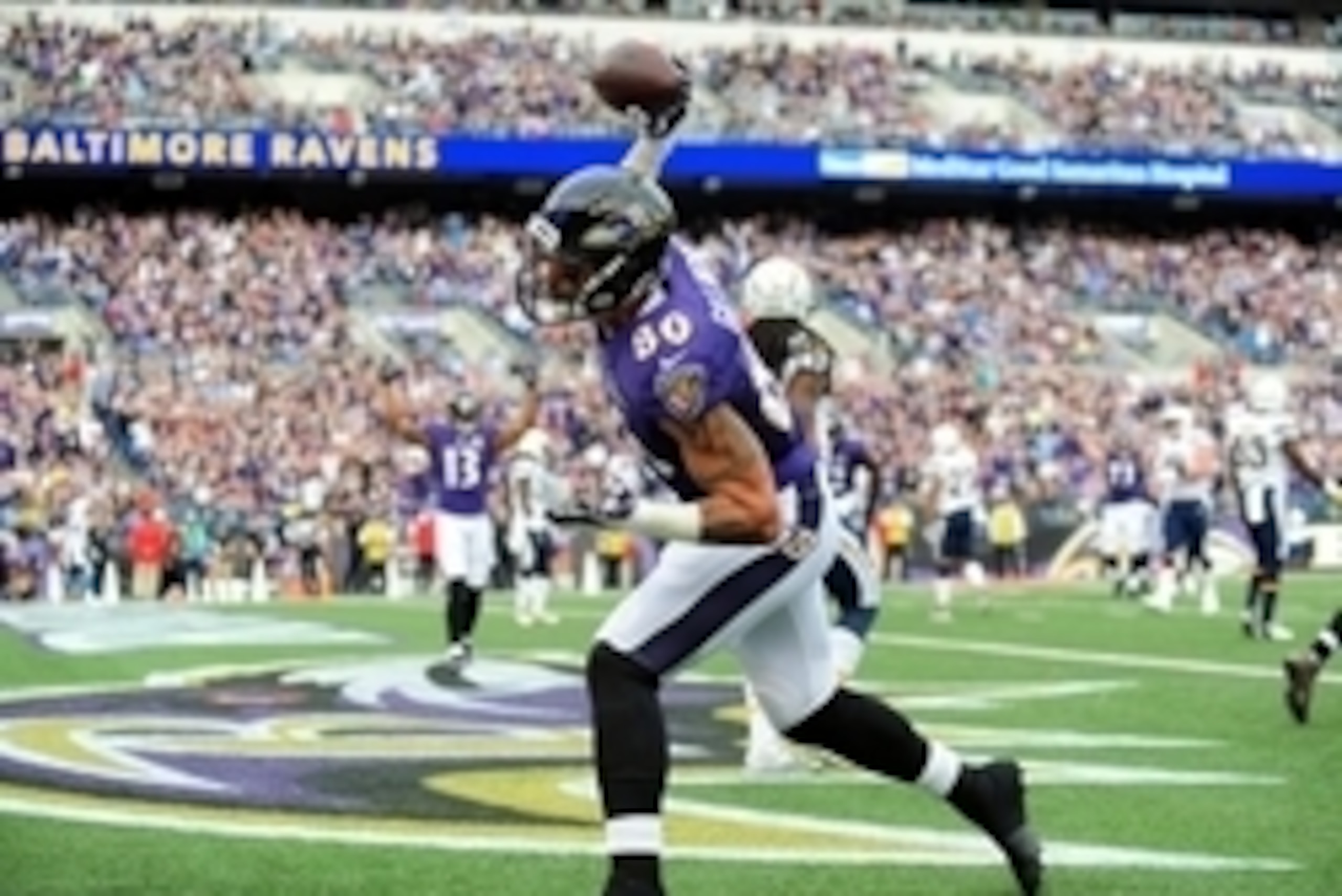 Nov 1, 2015; Baltimore, MD, USA; Baltimore Ravens tight end Crockett Gilmore (80) celebrates after scoring a touchdown in the second quarter against the San Diego Chargers at M&T Bank Stadium. Mandatory Credit: Evan Habeeb-USA TODAY Sports