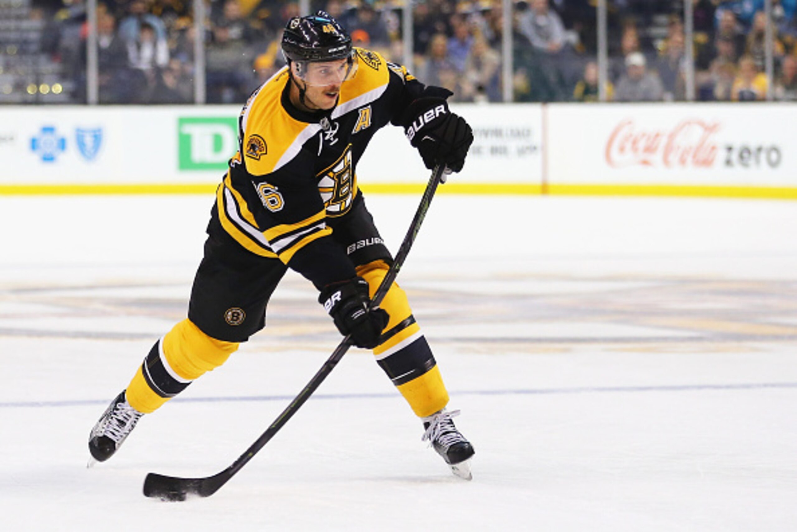 BOSTON, MA - NOVEMBER 17:  David Krejci #46 of the Boston Bruins takes a shot against the San Jose Sharks during the third period at TD Garden on November 17, 2015 in Boston, Massachusetts. The Sharks defeat the Bruins 5-4.  (Photo by Maddie Meyer/Getty I