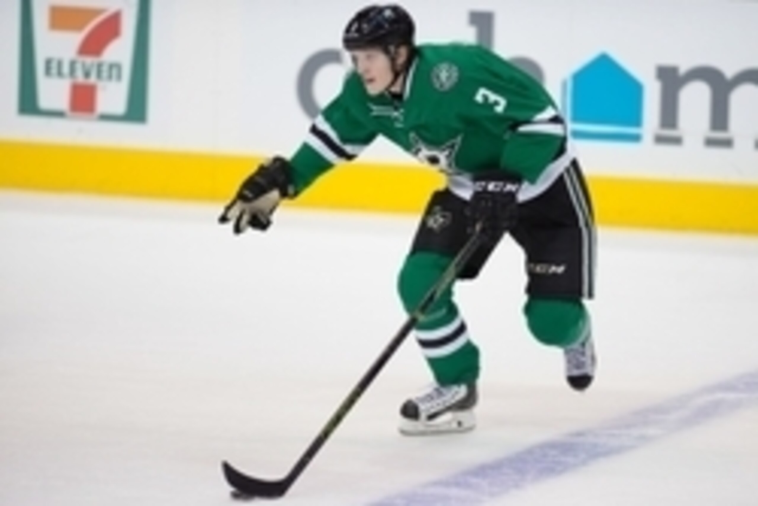 Oct 29, 2015; Dallas, TX, USA; Dallas Stars defenseman John Klingberg (3) skates against the Vancouver Canucks at the American Airlines Center. The Stars defeat the Canucks 4-3 in overtime. Mandatory Credit: Jerome Miron-USA TODAY Sports