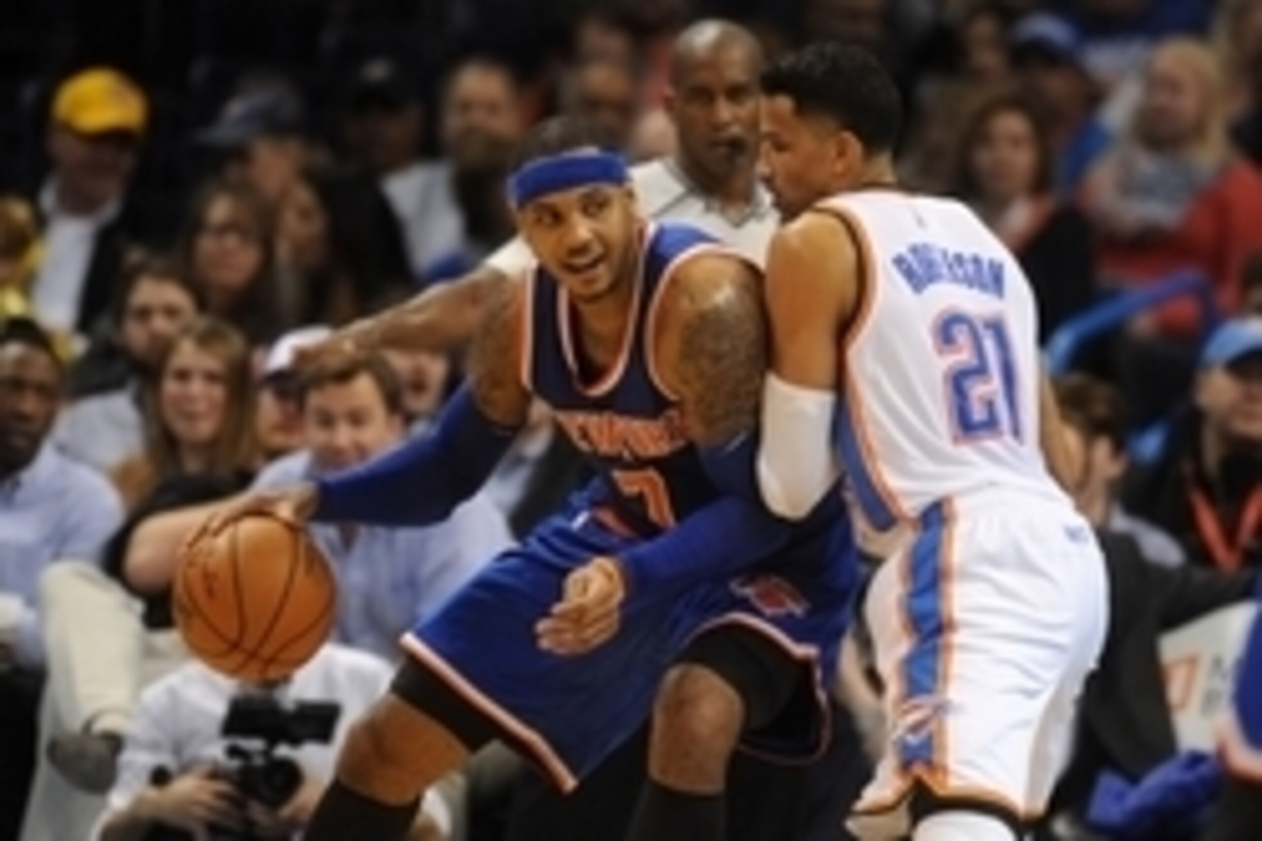 Nov 20, 2015; Oklahoma City, OK, USA; New York Knicks forward Carmelo Anthony (7) drives to the basket against Oklahoma City Thunder guard Andre Roberson (21) during the fourth quarter at Chesapeake Energy Arena. Mandatory Credit: Mark D. Smith-USA TODAY 
