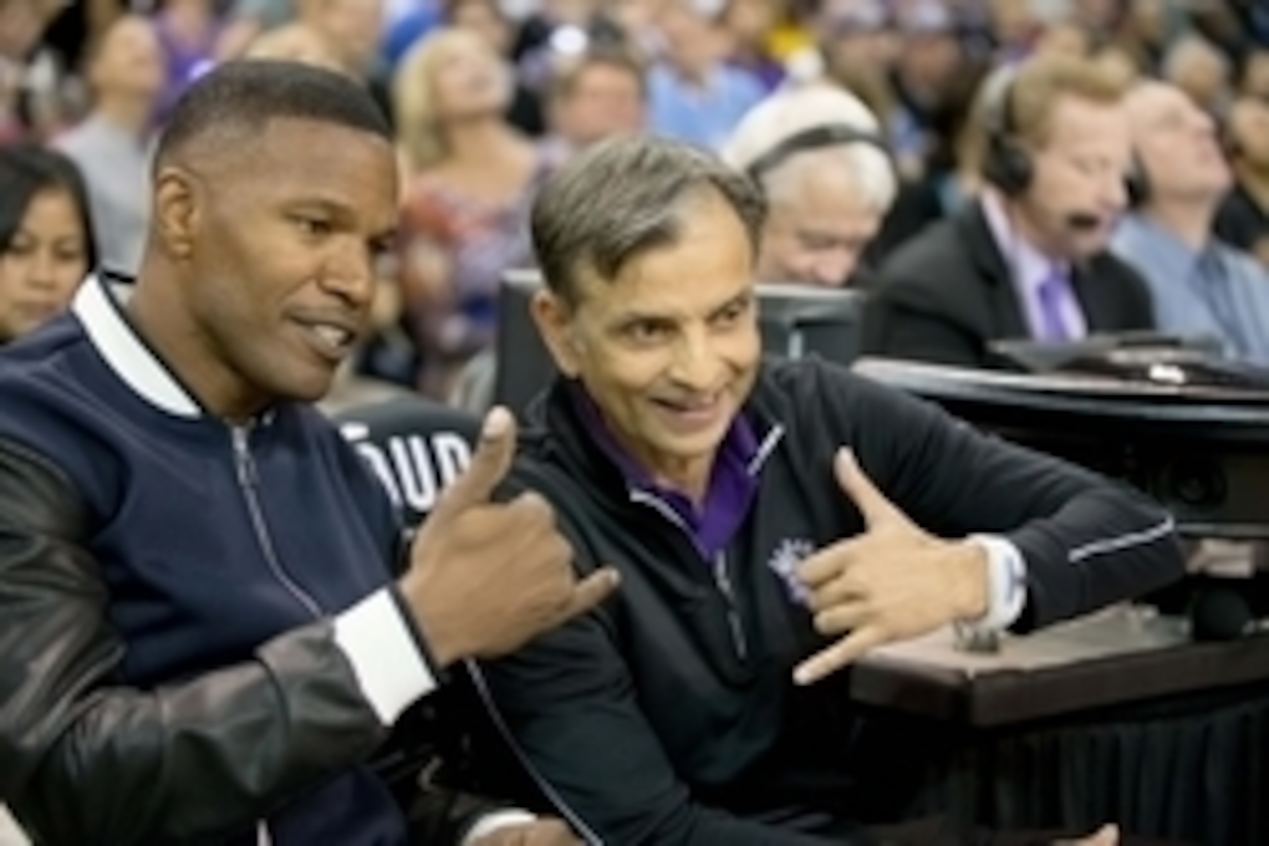 Oct 28, 2015; Sacramento, CA, USA; Jamie Foxx (left) and Sacramento Kings owner Vivek Ranadive court side during the first quarter between the Sacramento Kings and the Los Angeles Clippers at Sleep Train Arena. Mandatory Credit: Kelley L Cox-USA TODAY Spo